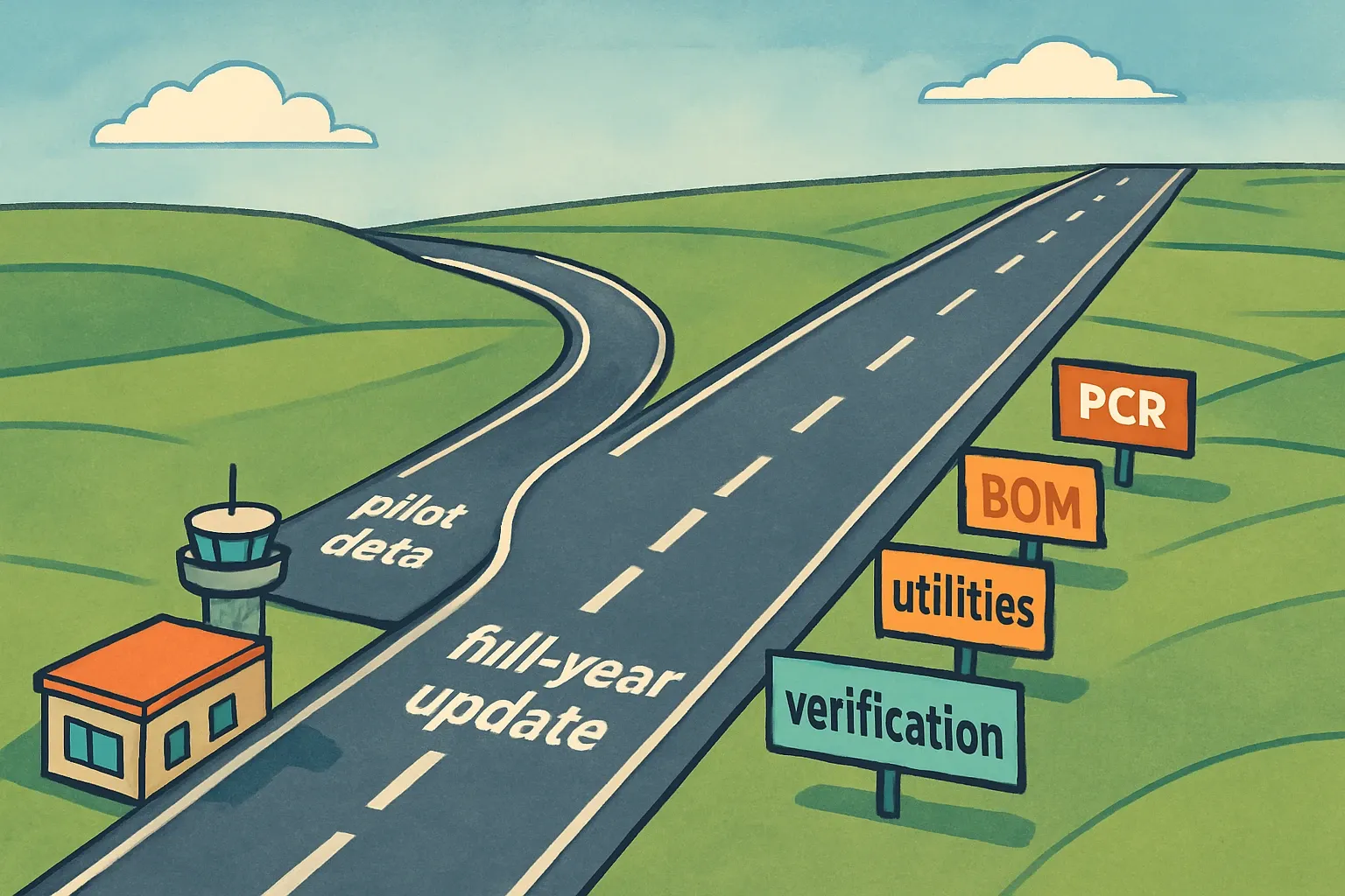 A runway with two tracks. One short track labeled "pilot data" feeding into a longer track labeled "full‑year update," with checkpoints for PCR, BOM, utilities, and verification.