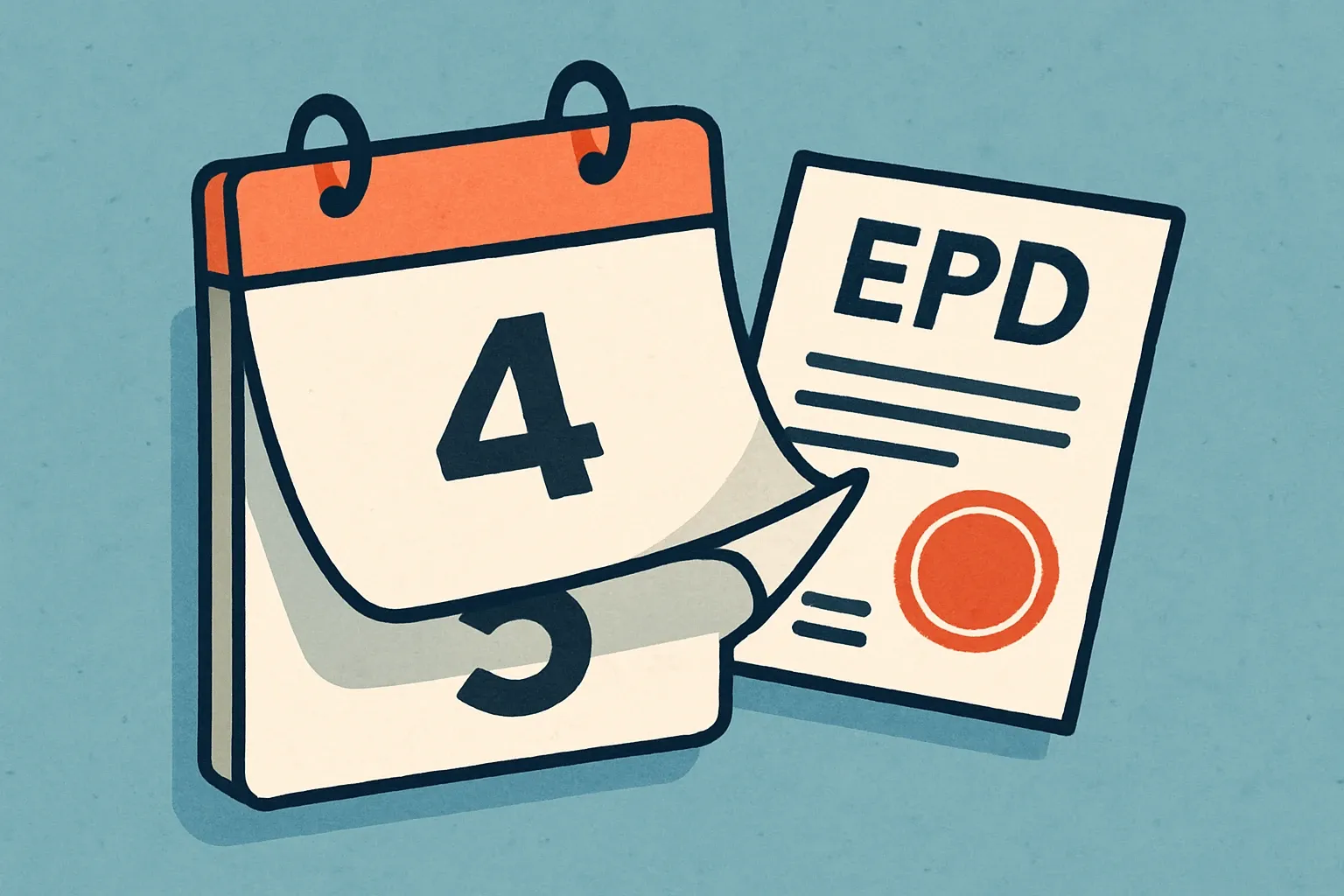 A clean wall calendar page flipping from year four to five while a stamped EPD PDF sits partially over it, signaling an approaching renewal deadline.