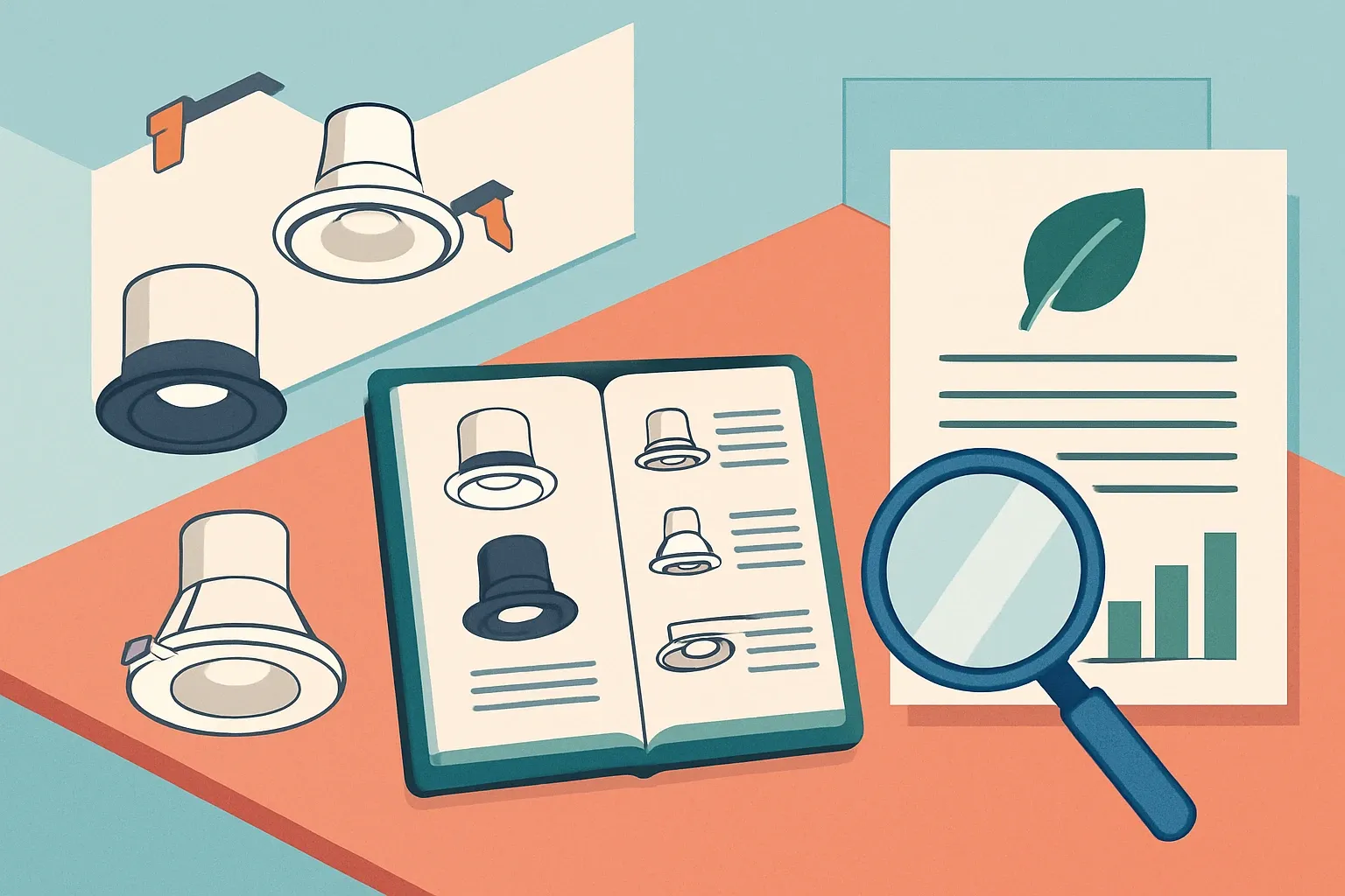 Generate an illustration for an article following this concept:
Element Lighting: products and EPD coverage snapshot
Element Lighting focuses on specification‑grade recessed luminaires that designers reach for when ceilings need to look clean and perform well. Here is how their portfolio lines up today, and where Environmental Product Declarations could sharpen their specability on projects that now prefer verified data.
Ensure that you use no text, as this illustration will be used on international translations of the article..
Use an illustrative style (e.g. isometic) and don't generate in a photorealistic style.