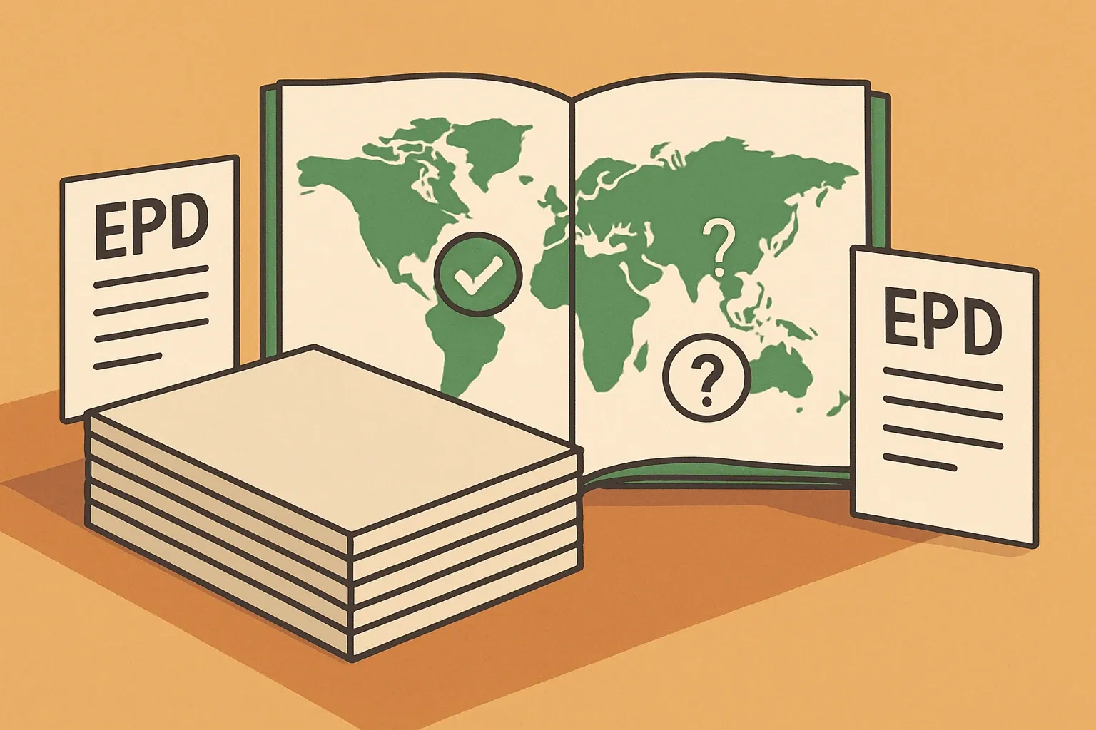 Generate an illustration for an article following this concept:
Is there an industry-wide EPD for gypsum plasterboard?
Short answer: yes in some regions, not universally. If you are searching for a sector average EPD for gypsum plasterboard (gypsum board, drywall), North America and parts of Europe have options. Elsewhere, strong product-specific EPDs are the norm and often the smarter commercial play.
Ensure that you use no text, as this illustration will be used on international translations of the article..
Use an illustrative style (e.g. isometic) and don't generate in a photorealistic style.