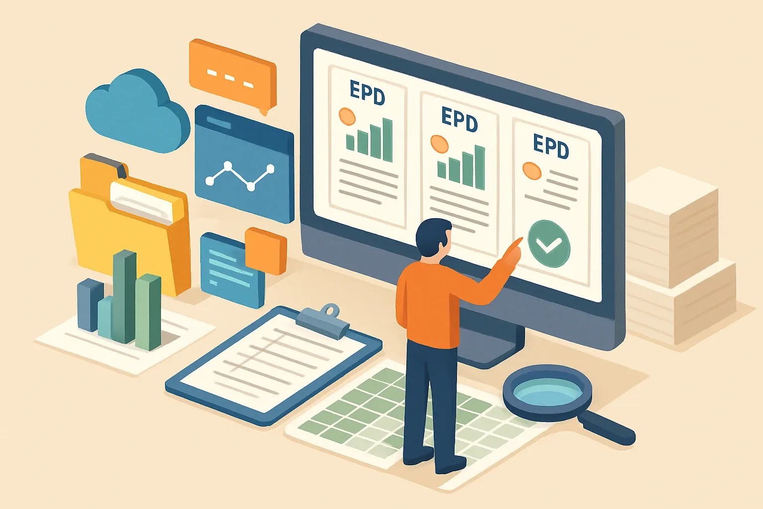 Generate an illustration for an article following this concept:
Best Software for EPDs in 2026
Choosing EPD software in 2026 is less about shiny features and more about which tools remove friction from data collection, stay aligned with evolving PCRs, and hand verifiers everything they need without a scavenger hunt. The right stack shortens timelines, avoids rework, and helps win specs where product‑specific declarations tilt the field.
Ensure that you use no text, as this illustration will be used on international translations of the article..
Use an illustrative style (e.g. isometic) and don't generate in a photorealistic style.