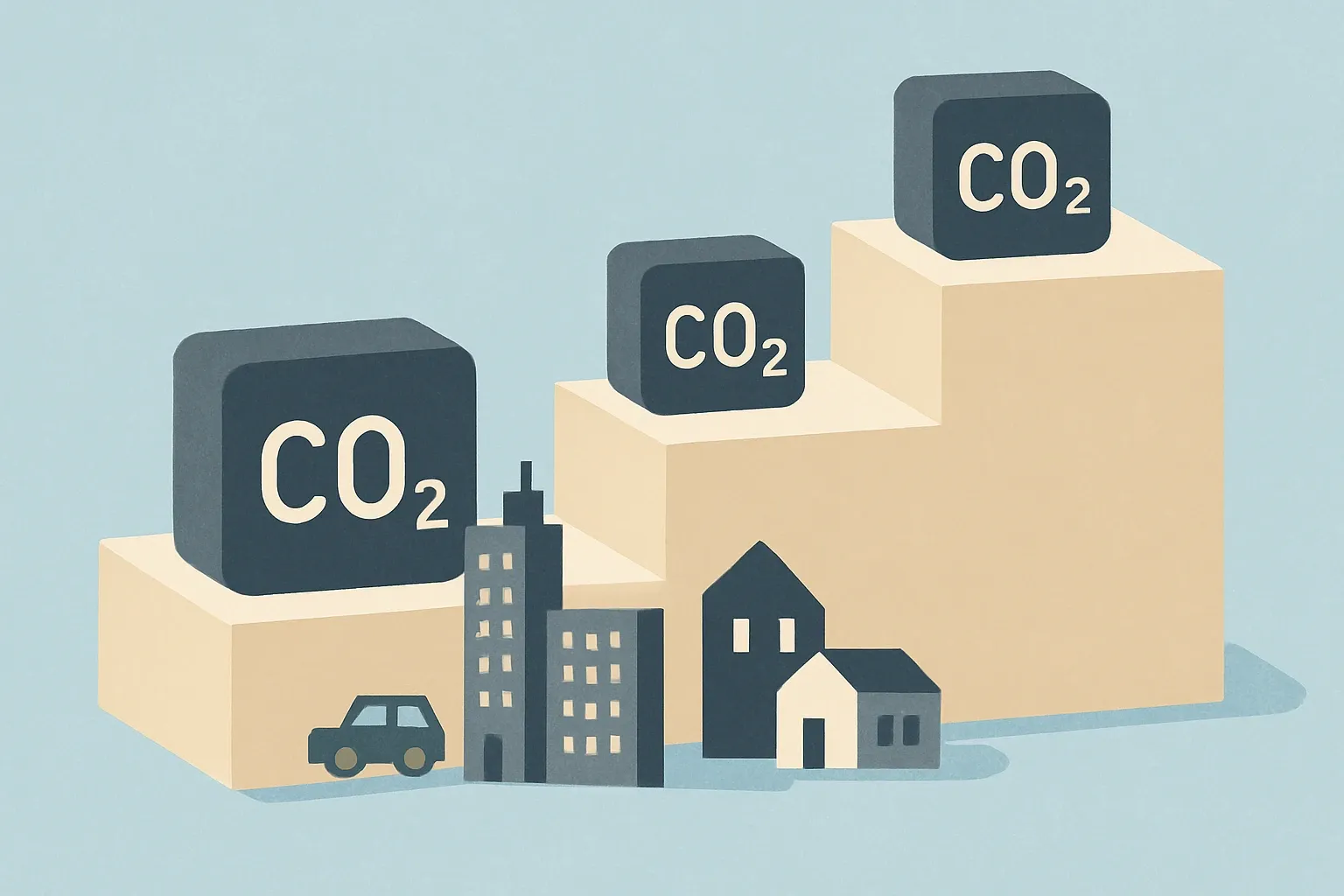 A clean staircase visual showing three steps labeled 2025, 2028, 2031 with gradually smaller carbon blocks being carried up each step by generic building icons.