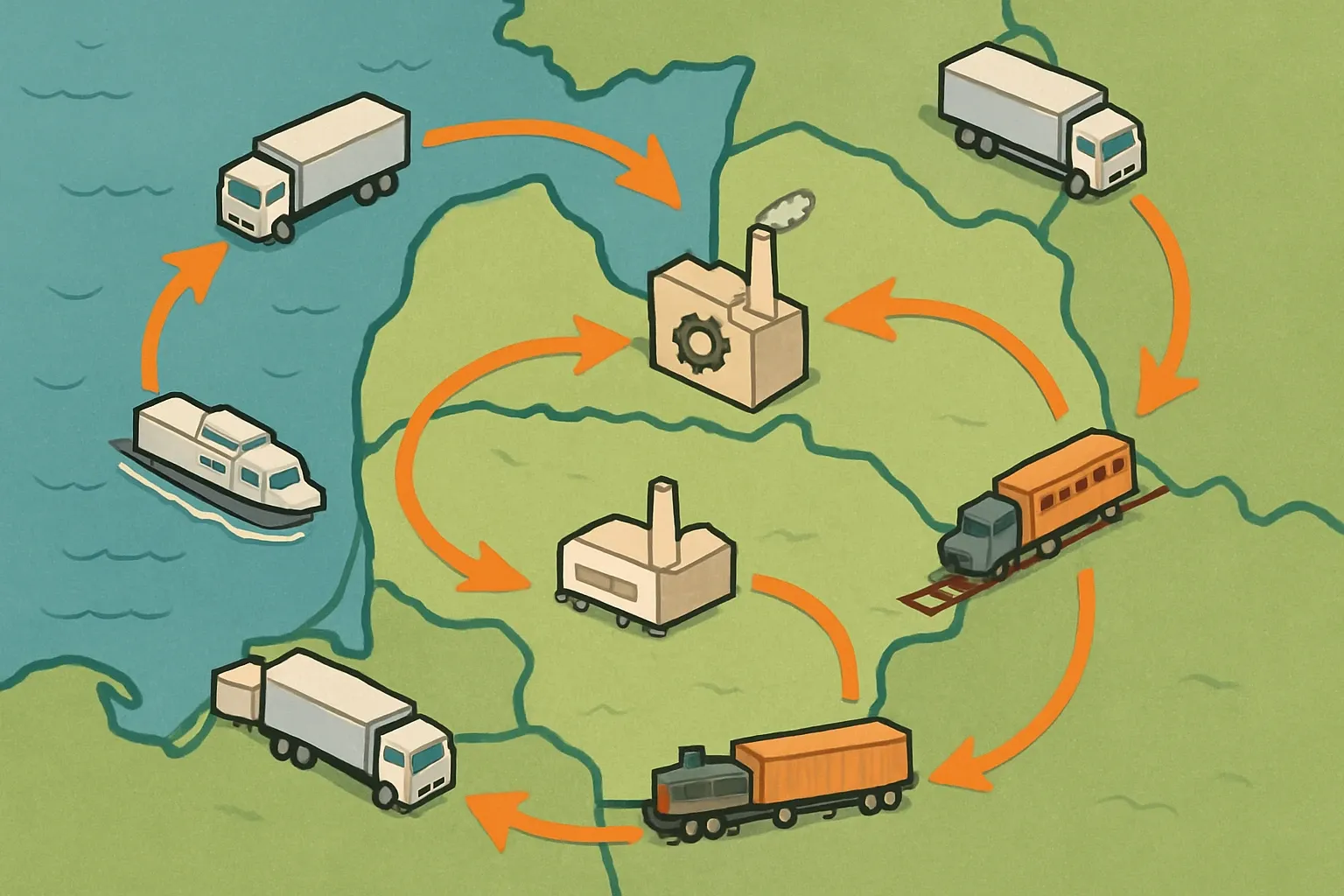 A clean map of typical A4 routes into and within Lithuania using icons for truck, rail, and ferry, showing how transport scenarios feed a product’s GWP.