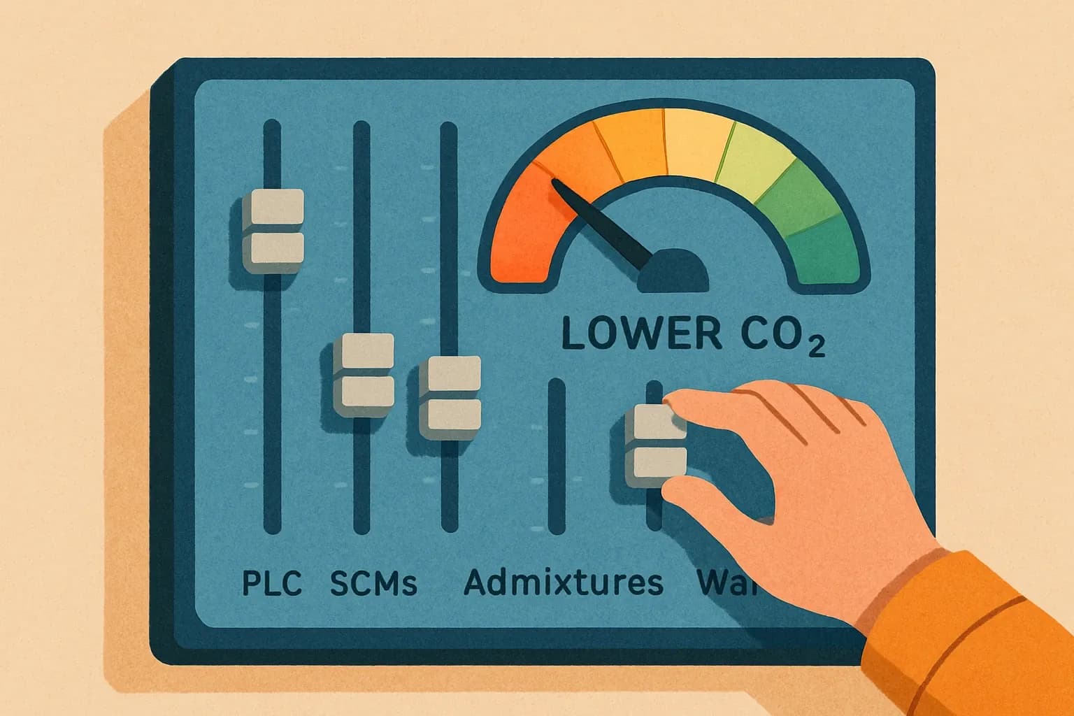 An audio mixing console where sliders labeled PLC, SCMs, Admixtures, and Water sit, with the overall output meter showing lower CO2 as the producer dials each control.