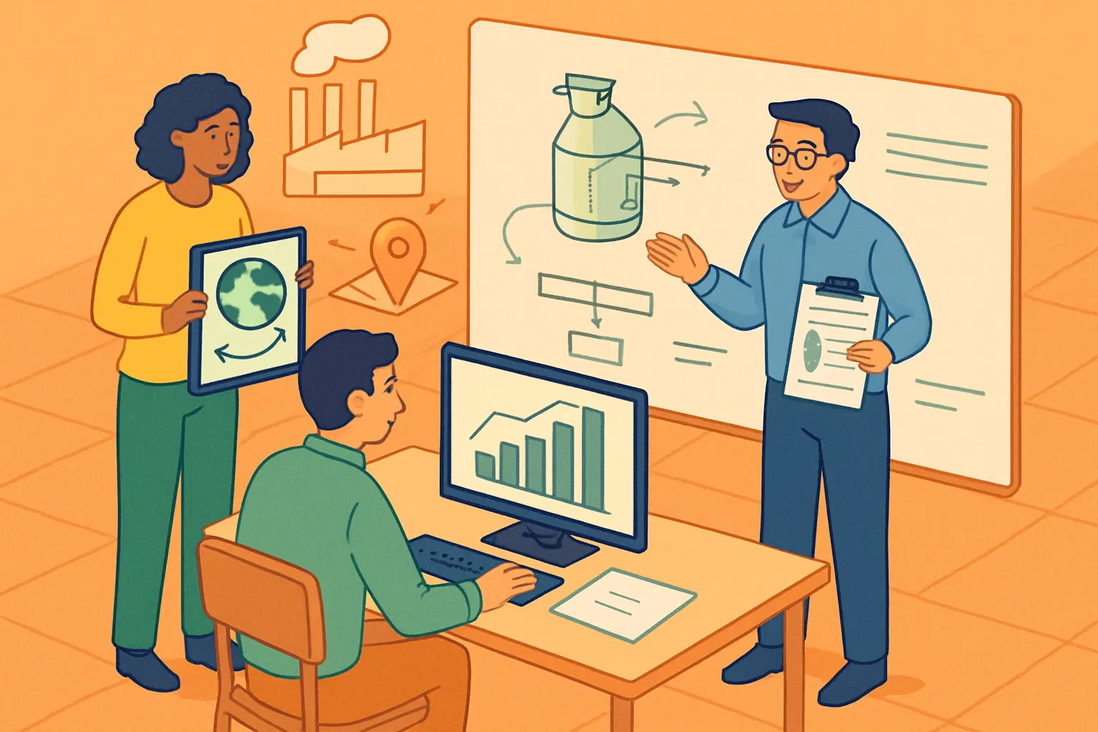 Generate an illustration for an article following this concept:
Design EPD and LCA into R&D from day one
Most teams still treat EPDs and LCAs as paperwork after launch. That slows specs and locks in avoidable carbon. The smarter move is to wire lifecycle modeling and data capture into new product development, so engineering can test materials, routes, and plant setups before designs harden.
Ensure that you use no text, as this illustration will be used on international translations of the article..
Use an illustrative style (e.g. isometic) and don't generate in a photorealistic style.