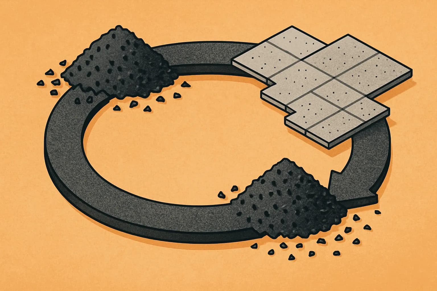 A clean looped pathway formed from recycled rubber granules morphing into finished floor tiles and back into granules, visualizing a circular lifecycle.