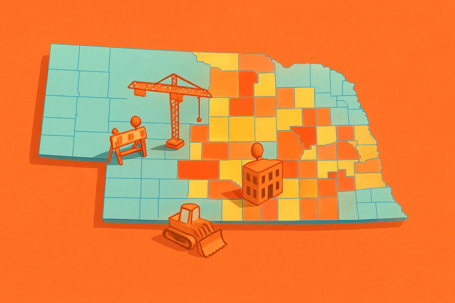 A state map with distressed census tracts highlighted in warm colors and construction icons popping up to signal redevelopment hotspots.