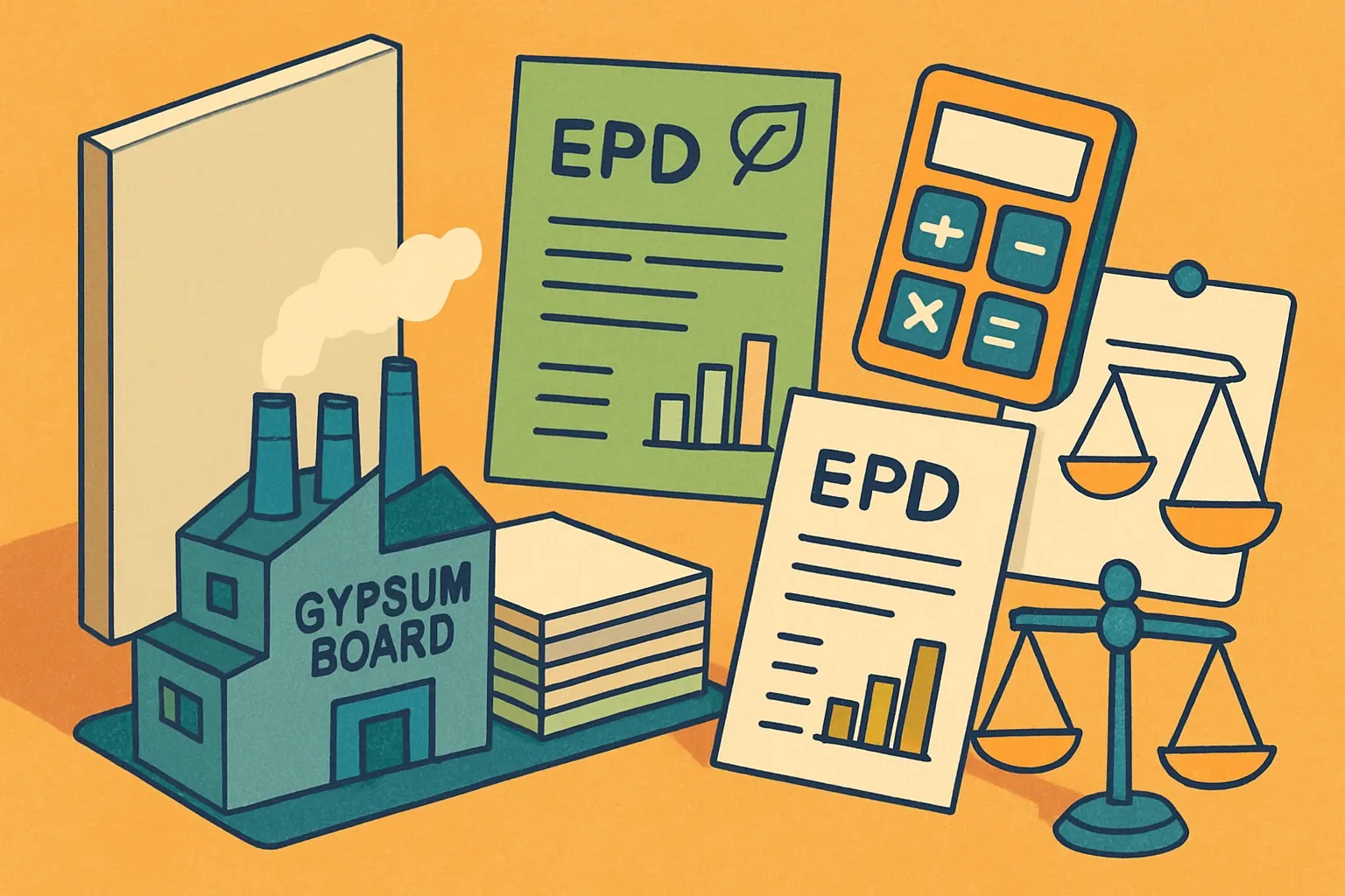 Generate an illustration for an article following this concept:
American Gypsum: products, EPDs, and the spec math
American Gypsum is a focused wallboard maker with a broad catalog. The punchline for specifiers is simple. Do their Environmental Product Declarations cover the boards that actually win bids, or are teams stuck reaching for industry‑wide paperwork while competitors show product‑specific proof?
Ensure that you use no text, as this illustration will be used on international translations of the article..
Use an illustrative style (e.g. isometic) and don't generate in a photorealistic style.