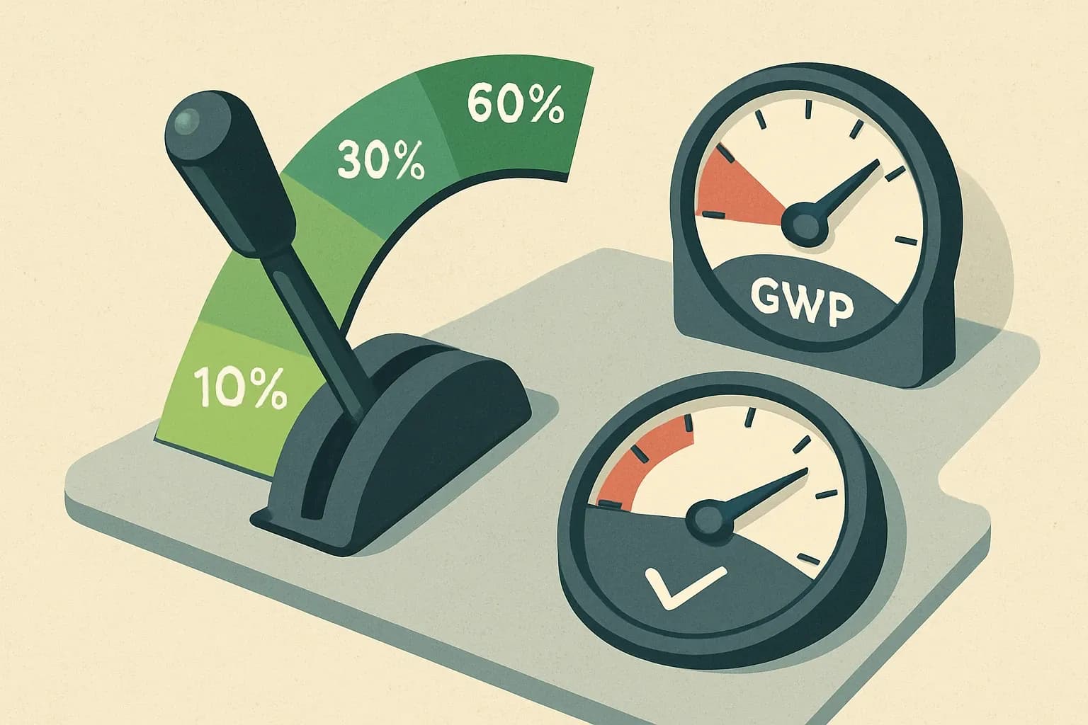 A control lever labeled with increasing cullet percentages that lowers a gauge showing GWP, while a separate performance gauge stays steady.