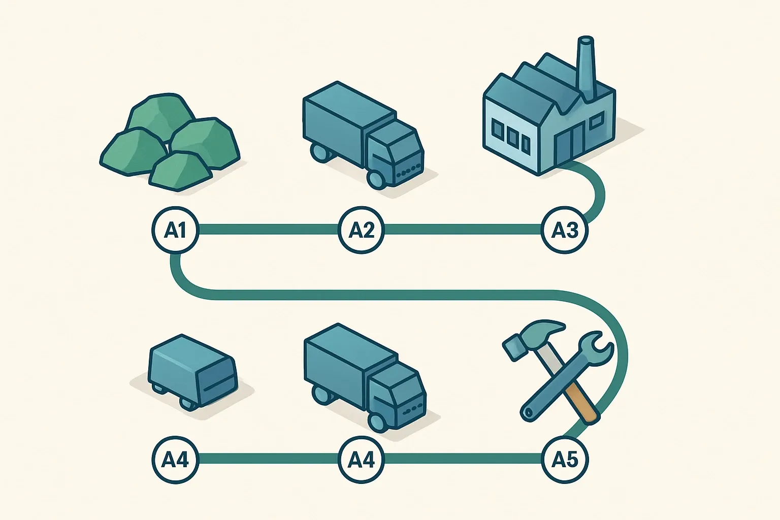 A clean schematic with two paths from raw materials to installation. One path stops at the factory gate labeled A1 to A3. The other continues to delivery and installation labeled A1 to A5. Both paths show icons for materials, trucks, and site tools.