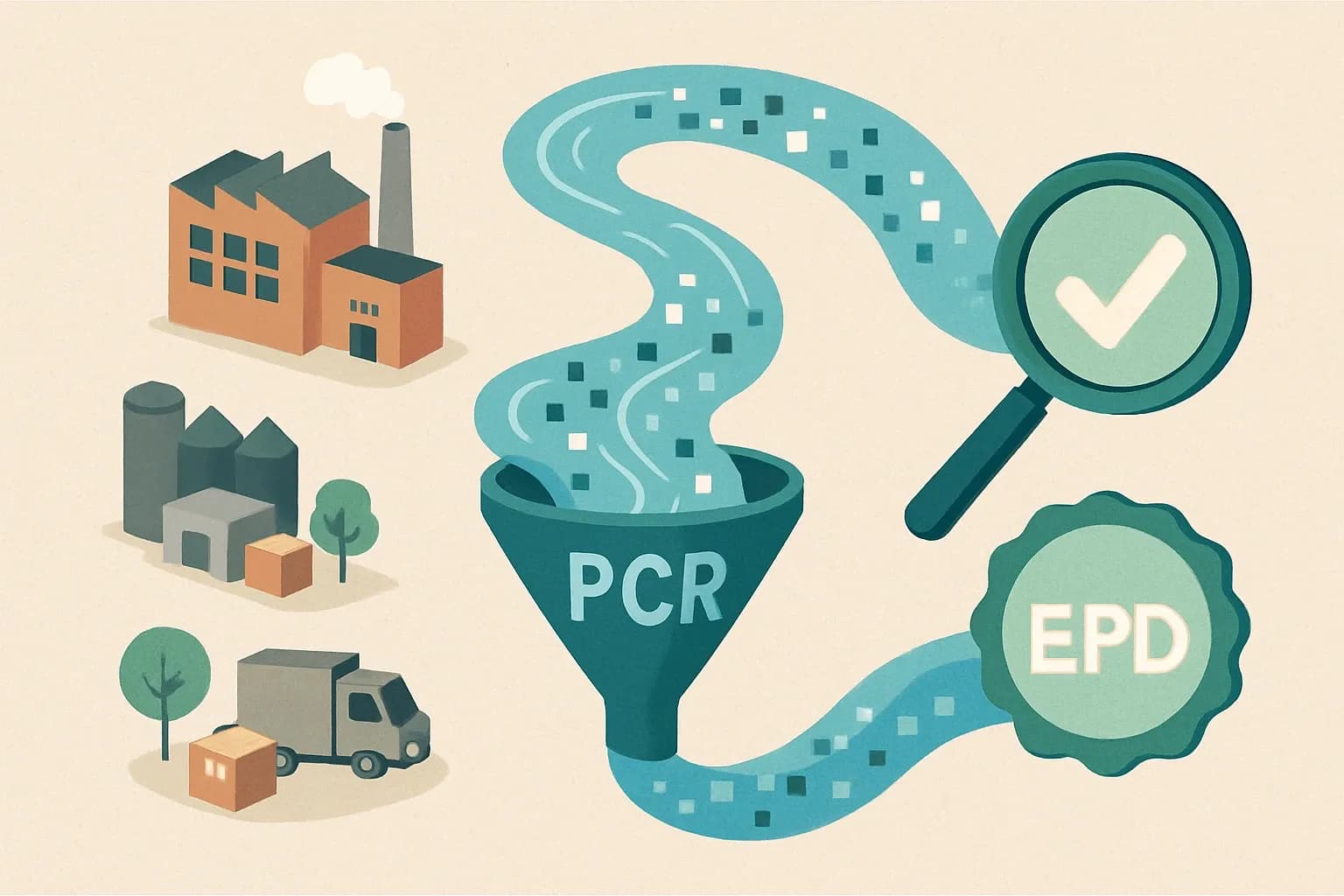 A factory floor and supplier icons feeding a clean river of data into a funnel labeled PCR, then through a magnifying glass labeled Verification, ending as a clear badge labeled EPD.
