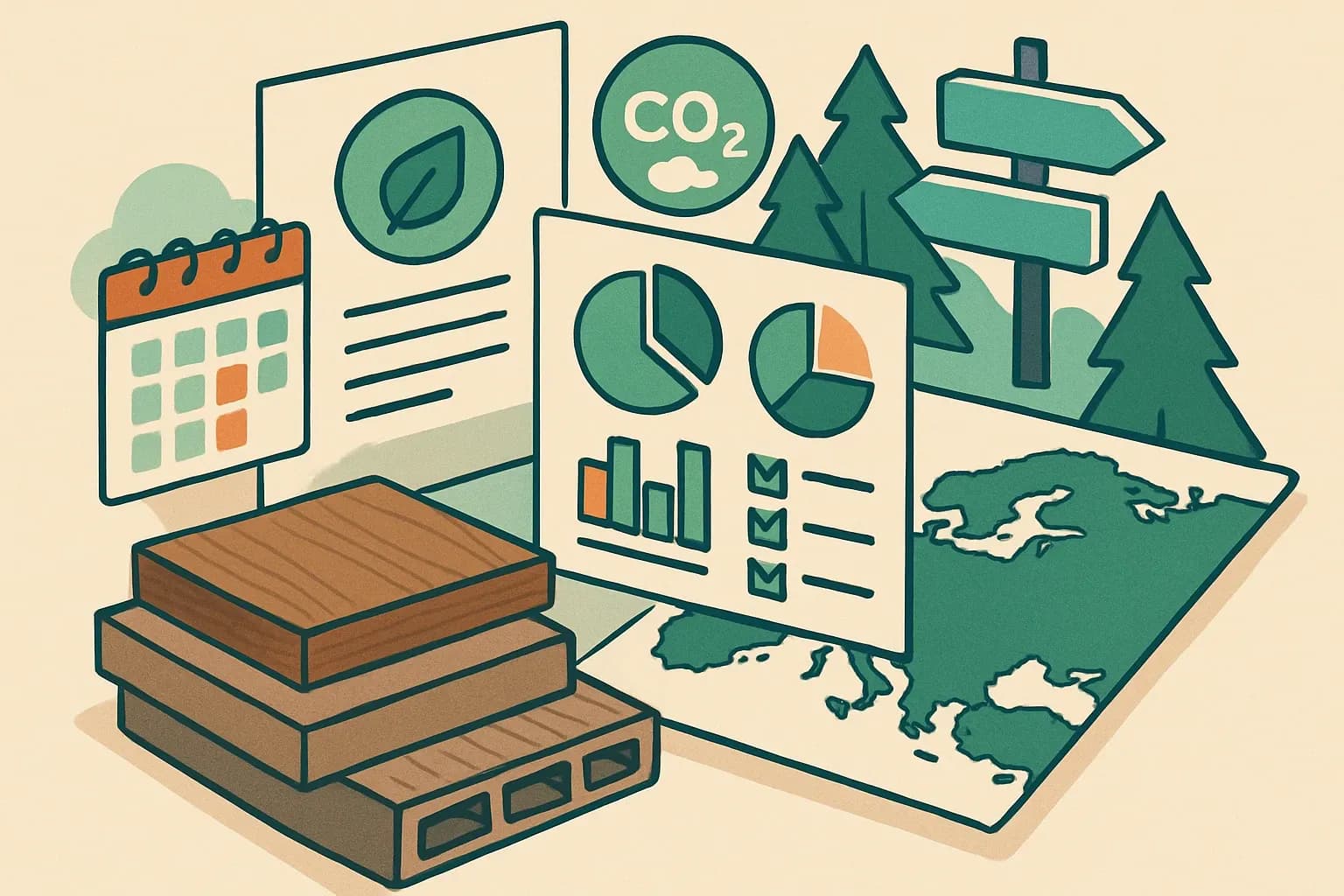 Generate an illustration for an article following this concept:
EPDs for Composite Lumber in Europe: The Ultimate Guide
Planning an EPD for composite lumber in Europe in 2026? Here is the practical, data-backed view of who is publishing, which program operators and PCRs they use, where expiries cluster, and how to position MDF, engineered wood, and wood–plastic composite decking to win more specs without guesswork.
Ensure that you use no text, as this illustration will be used on international translations of the article..
Use an illustrative style (e.g. isometic) and don't generate in a photorealistic style.