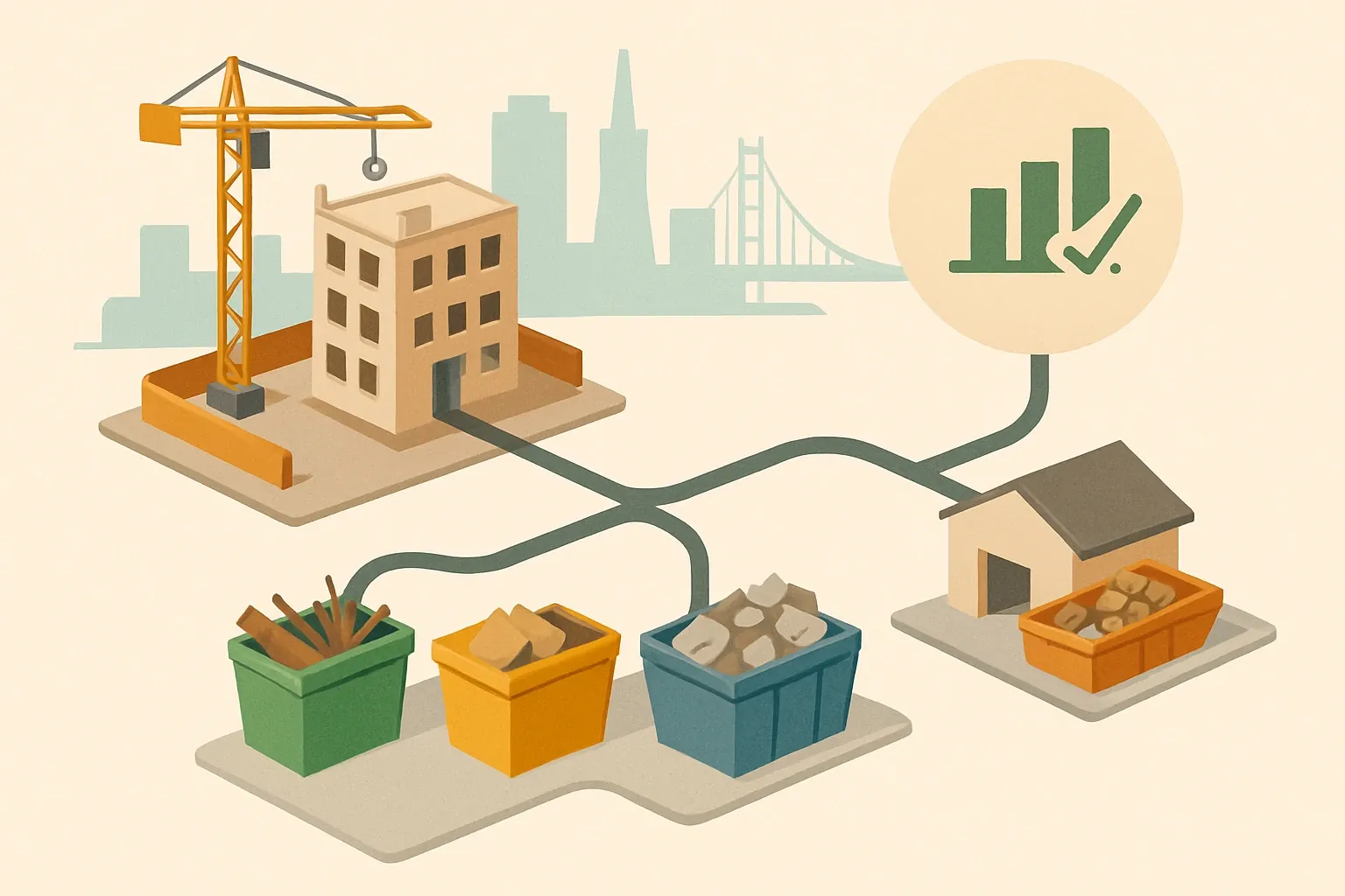 A clean, isometric flow diagram showing materials leaving a San Francisco jobsite and branching into source‑separated bins and a registered mixed‑debris facility, with a subtle callout for recovery rate tracking.