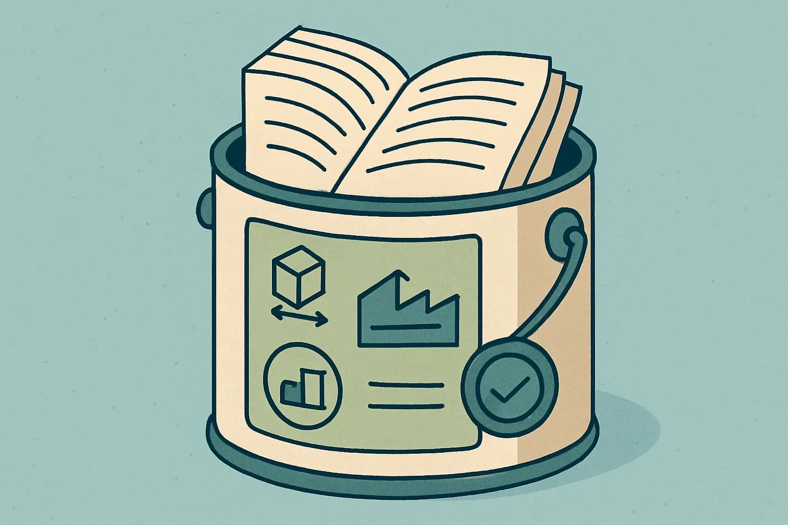 A paint can with pages inside like a handbook, icons for declared unit, system boundary, and verification stamped on the label.