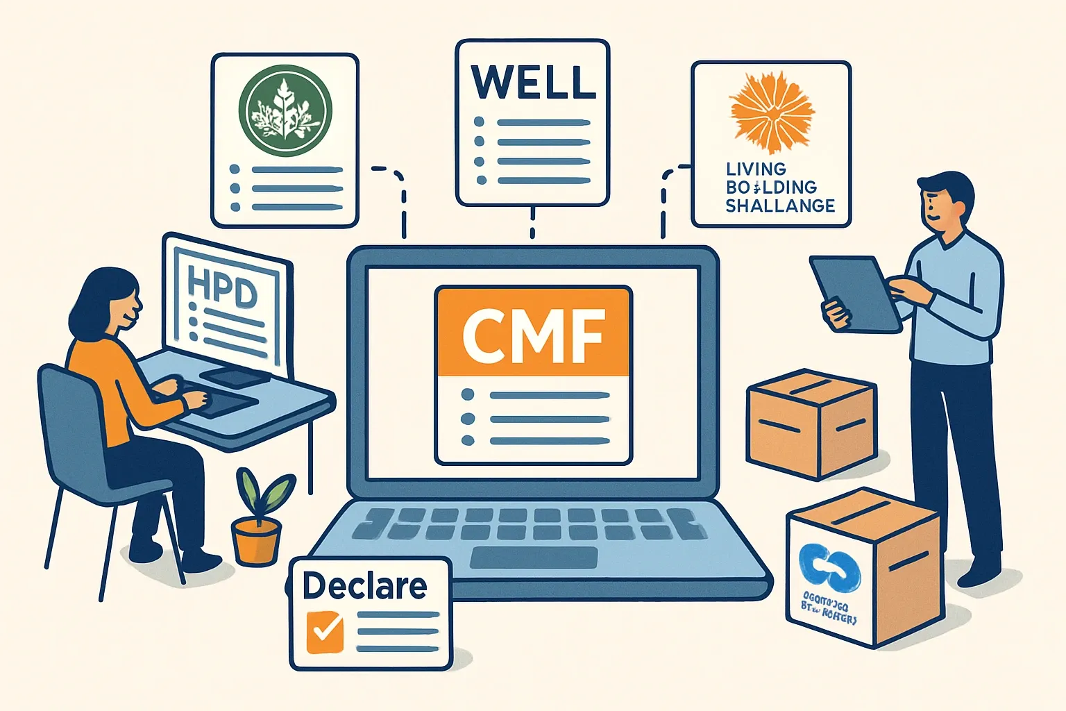 Generate an illustration for an article following this concept:
CMF Data Modules Make HPDs Work Everywhere
Manual submittals eat calendar time and margin. The new Common Materials Framework (CMF) Data Module lets manufacturers organize HPD data once, then send it into LEED v5, WELL, and Living Building Challenge tools without copy‑paste rituals. The result is less administratve tax on sustainability and sales teams, faster responses to specifiers, and cleaner handoffs to Declare and Cradle to Cradle so bids move sooner.
Ensure that you use no text, as this illustration will be used on international translations of the article..
Use an illustrative style (e.g. isometic) and don't generate in a photorealistic style.