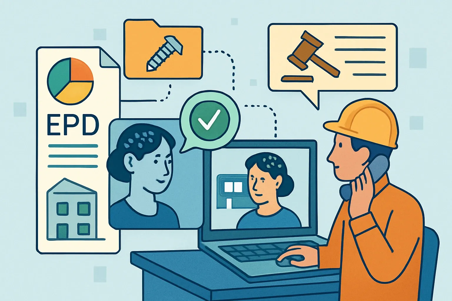 Generate an illustration for an article following this concept:
AI product intelligence for EPD ready sales answers
Publishing EPDs is a milestone, not the finish line. The next hurdle hits the front line, where sales and customer service must translate technical PDFs and shifting rules into on‑the‑spot guidance for architects and GCs. An AI layer that understands products, EPD metrics, and sector rules can turn hard questions into clear, compliant recommendations your team can use in calls, bids, and submittals.
Ensure that you use no text, as this illustration will be used on international translations of the article..
Use an illustrative style (e.g. isometic) and don't generate in a photorealistic style.