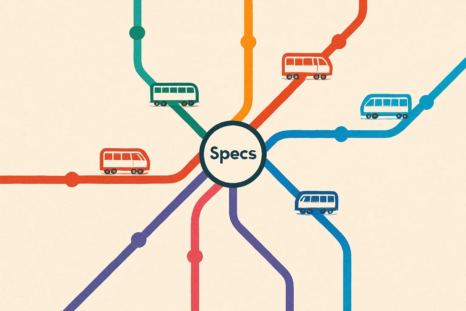 Stylized metro lines labeled EN 15804, CAM edilizia, EPDItaly, IBU, and EPD International converging at a central station named Specs, with small train icons representing product lines.