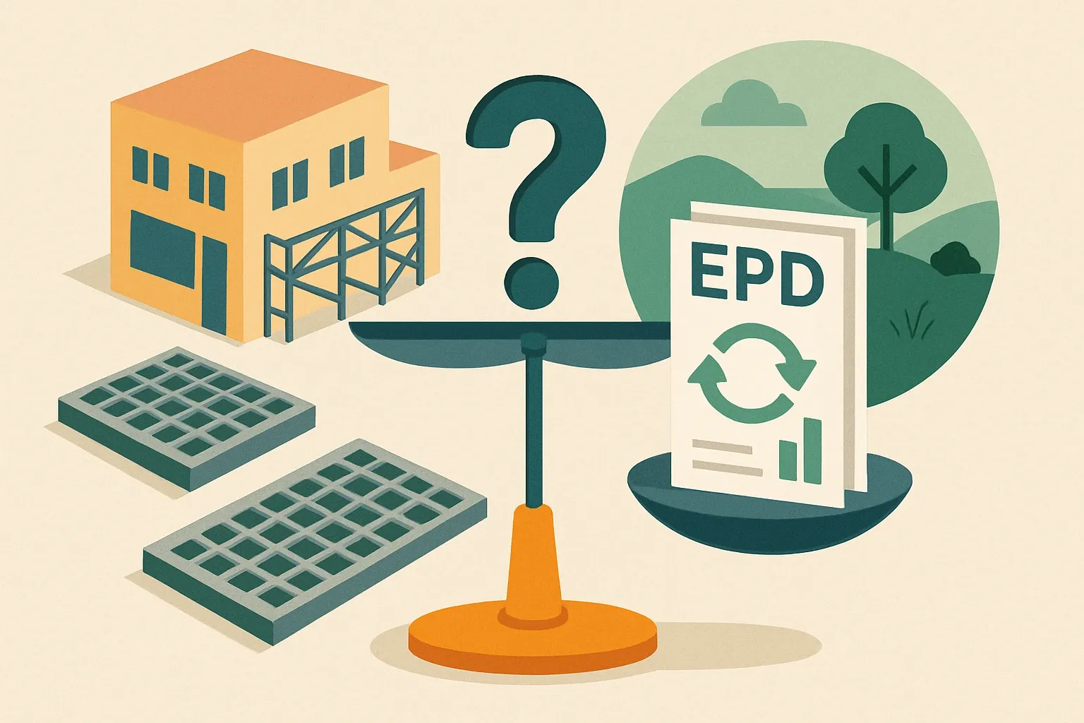 Generate an illustration for an article following this concept:
Industry‑wide EPD for industrial grating?
Looking for an industry‑wide or sector average EPD for industrial grating systems? Here is the straight answer, plus examples of manufacturers with product‑specific EPDs and why those typically outperform any generic benchmark in bids and whole‑building LCAs.
Ensure that you use no text, as this illustration will be used on international translations of the article..
Use an illustrative style (e.g. isometic) and don't generate in a photorealistic style.