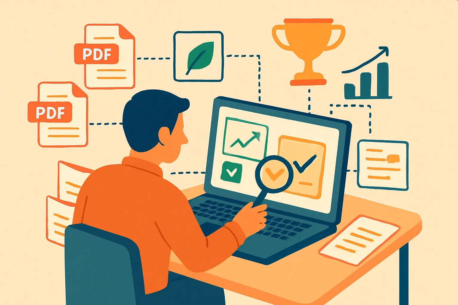 Generate an illustration for an article following this concept:
Product intelligence platforms that win specs
Tired of chasing PDFs in twelve folders while an RFQ countdown ticks? An internal product intelligence platform turns scattered files into fast answers. It unifies sustainability evidence with technical truth so sales and product teams can respond the same day, with confidence, across complex portfolios.
Ensure that you use no text, as this illustration will be used on international translations of the article..
Use an illustrative style (e.g. isometic) and don't generate in a photorealistic style.