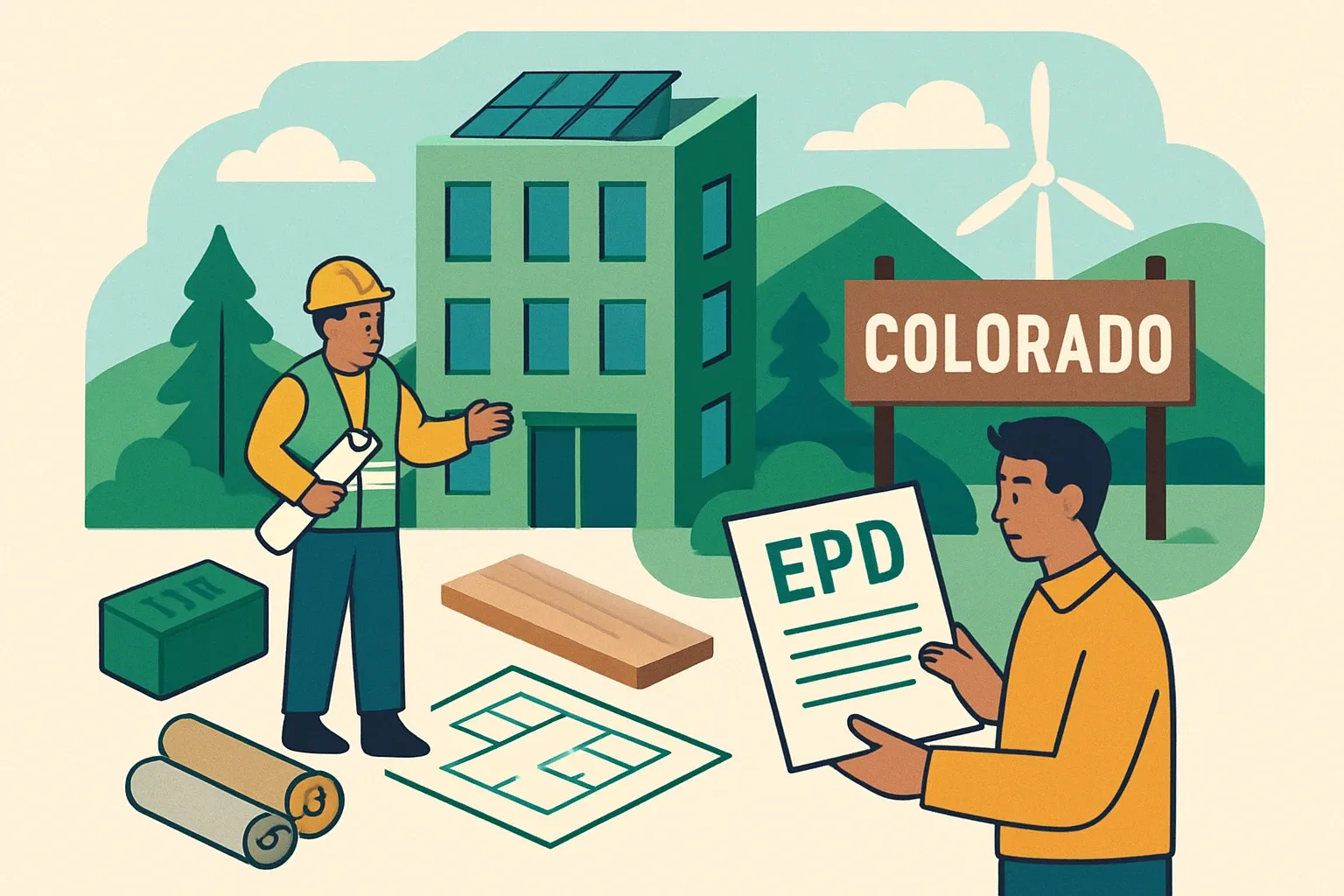 Generate an illustration for an article following this concept:
Colorado Model Green Code: What Manufacturers Need Now
Colorado just gave embodied carbon a front‑row seat. The voluntary Colorado Model Green Code signals where local building rules are heading, while the state’s Model Low Energy and Carbon Code becomes the baseline on July 1, 2026. For building product manufacturers, that means EPDs shift from nice‑to‑have to deal‑critical in public work and increasingly in private specs. Teams that can surface clean, comparable product data quickly will win cycles and get written into drawings more often, without racing to the bottom on price.
Ensure that you use no text, as this illustration will be used on international translations of the article..
Use an illustrative style (e.g. isometic) and don't generate in a photorealistic style.