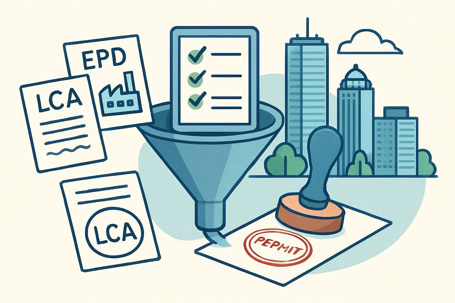 A simple funnel that shows inputs from manufacturers as EPDs and LCA data entering on the left, flowing into a compliance checklist in the center, and emerging as a permit stamp on the right, with a Boston skyline in the background.