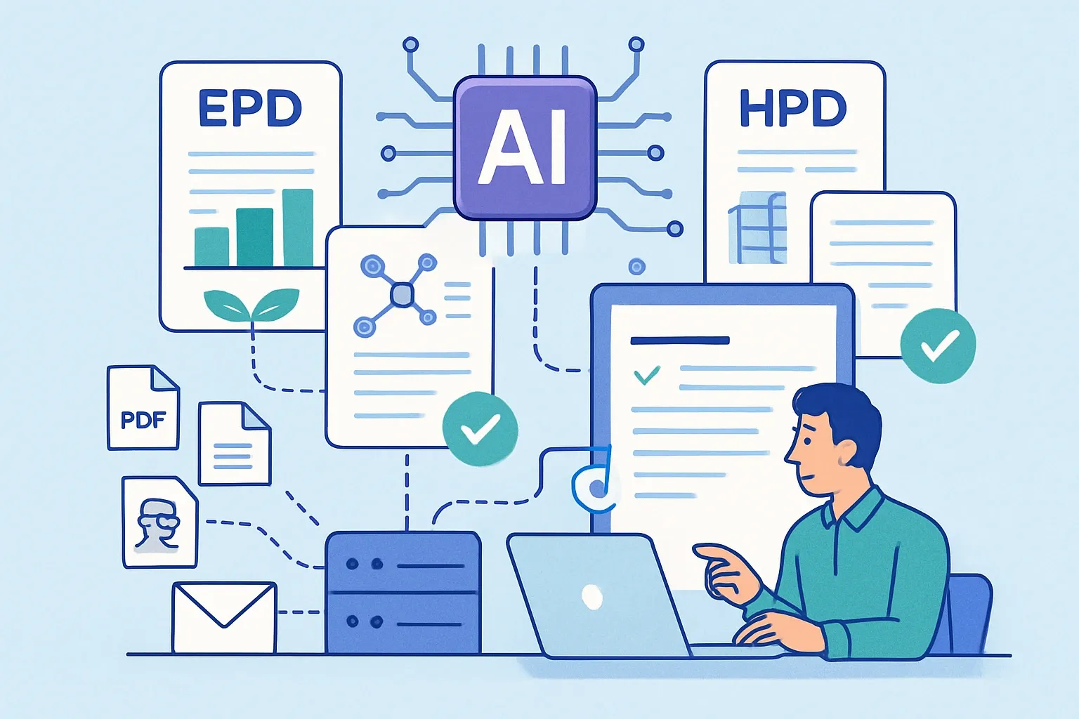 Generate an illustration for an article following this concept:
How AI Product Intelligence Powers EPDs, HPDs, and Specs
Sales teams field spec questions that span performance, ingredients, and environmental proof. The answers live in scattered PDFs, inboxes, and expert brains. An AI product intelligence layer turns that chaos into a single, trusted source so reps can respond in minutes with the exact EPD page, the right HPD, and a spec‑ready summary that matches buyer formats. The trick is not magic words. It is governance, rock‑solid data, and tight controls over what the AI can say and what it must cite.
Ensure that you use no text, as this illustration will be used on international translations of the article..
Use an illustrative style (e.g. isometic) and don't generate in a photorealistic style.