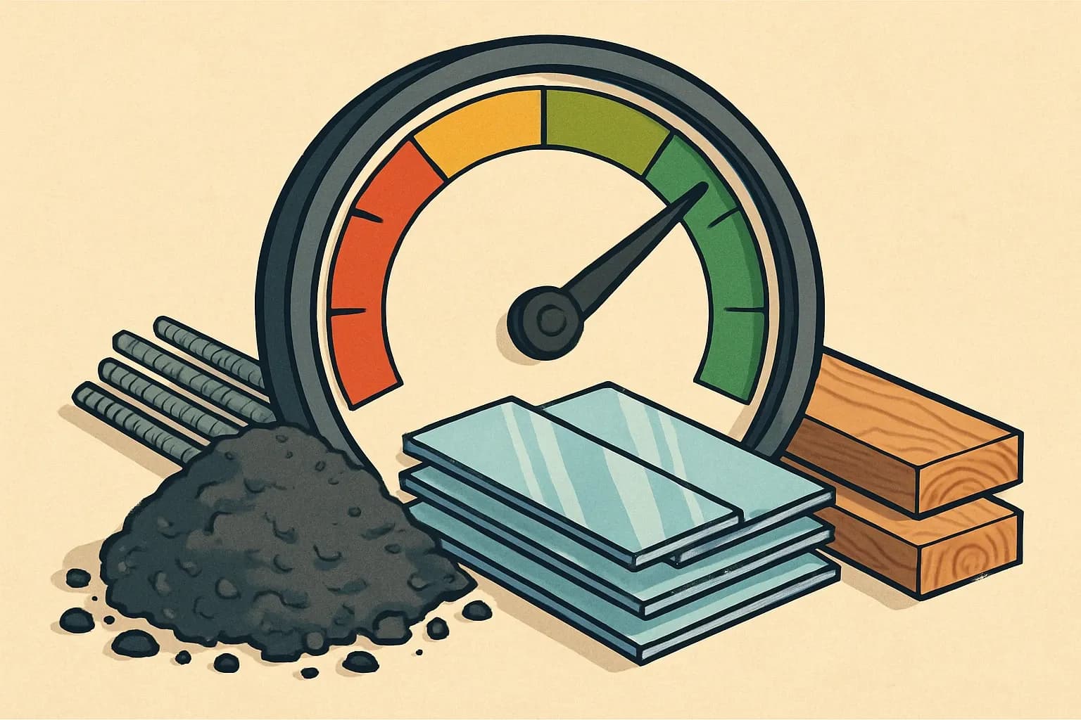 A speedometer overlay on piles of asphalt, rebar, glass panels, and timber with the needle pointing to a green zone labeled GWP, suggesting staying under the limit accelerates approvals.