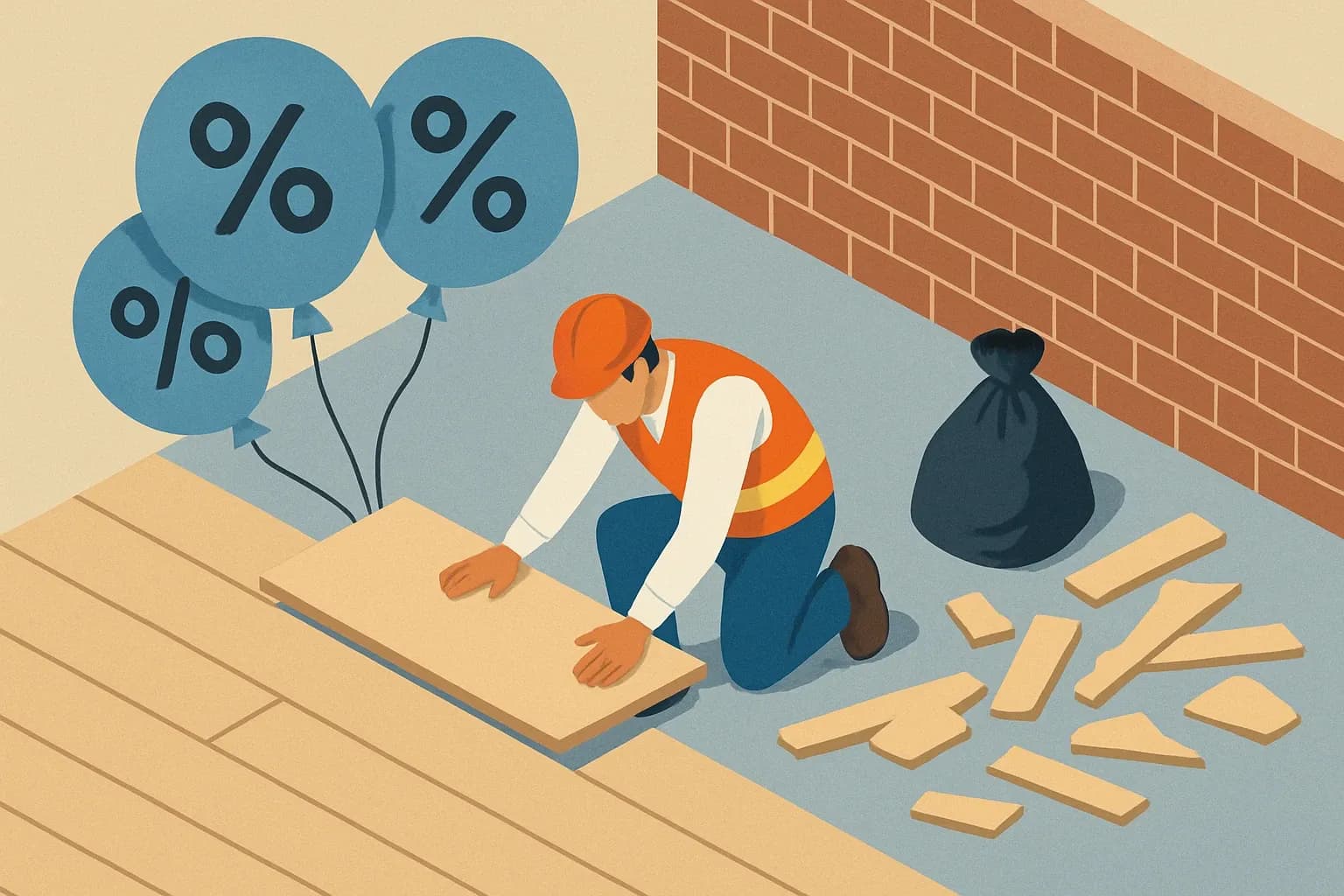 Generate an illustration for an article following this concept:
Modeling Installation Scrap in Construction EPDs
Set installation scrap too high and A5 balloons. Set it too low and credibility slips. For many products, verifier habits and national databases lean conservative even when jobsite reality shows near‑zero offcuts. Here is a crisp way to model, document, and defend installation scrap so results stay conservative and still reflect how products are actually installed.
Ensure that you use no text, as this illustration will be used on international translations of the article..
Use an illustrative style (e.g. isometic) and don't generate in a photorealistic style.