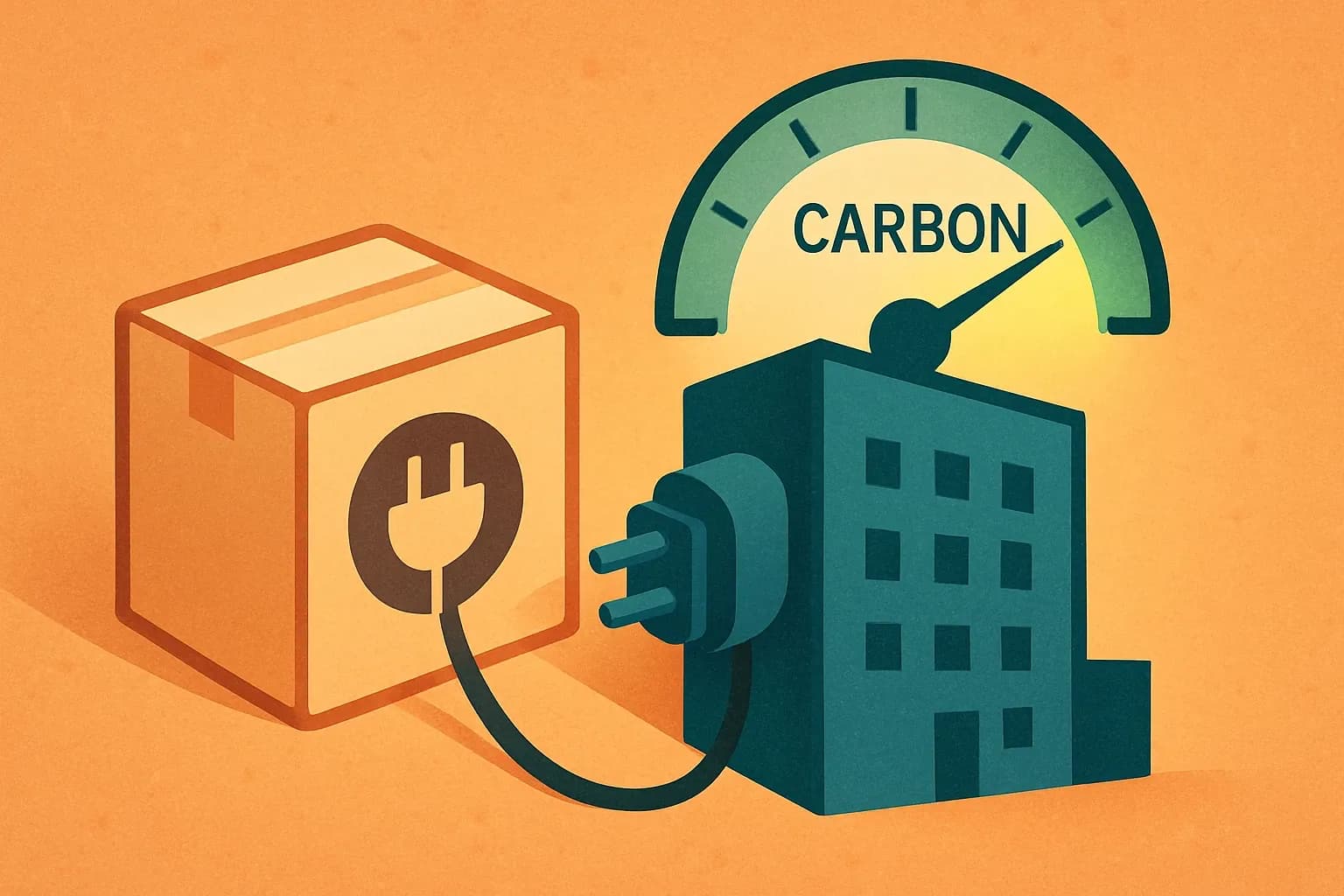 A product box with a simple power‑plug icon connecting into a stylized building silhouette, a glowing "carbon" meter stabilizing as the plug clicks in.