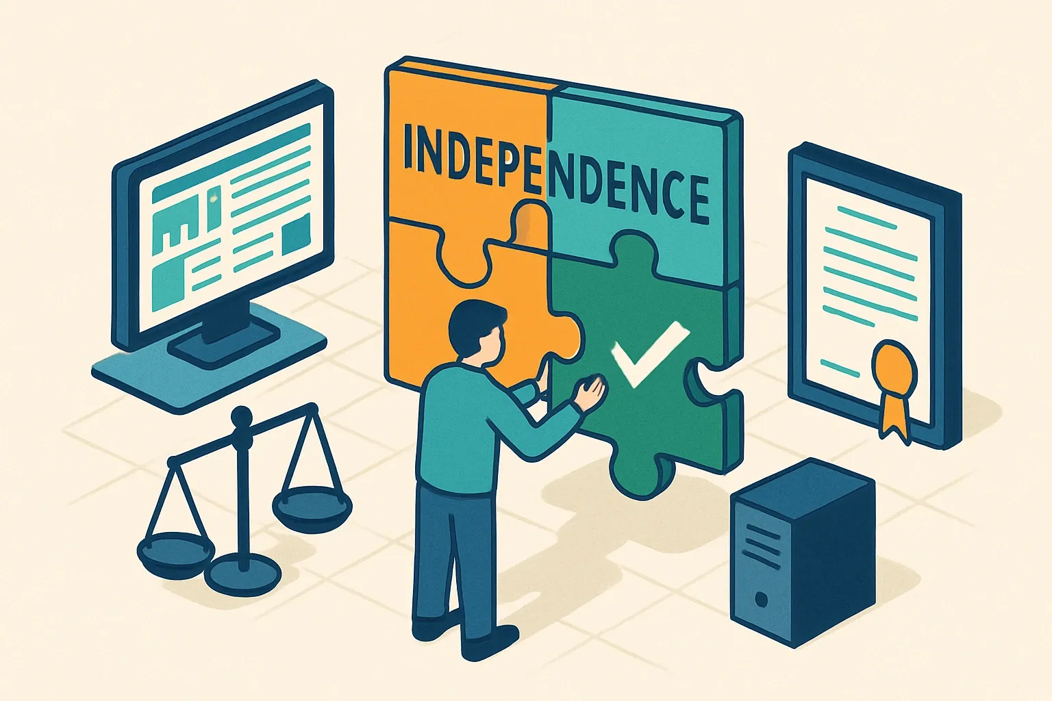 Generate an illustration for an article following this concept:
EPD programs and LCA tools: independence, explained
Confused by program operators that also sell software, or software firms that run an EPD program? You are not alone. Here is a clear way to judge independence, verification, and market credibility so your team can publish fast without risking trust.
Ensure that you use no text, as this illustration will be used on international translations of the article..
Use an illustrative style (e.g. isometic) and don't generate in a photorealistic style.