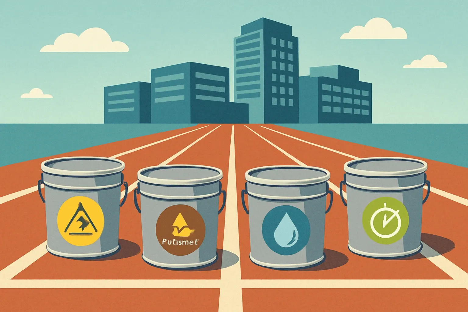 Four resinous flooring buckets labeled with icons for ESD, PU‑cement, moisture mitigation, and fast‑cure. They line up on a racetrack that leads toward a stylized data center campus silhouette.