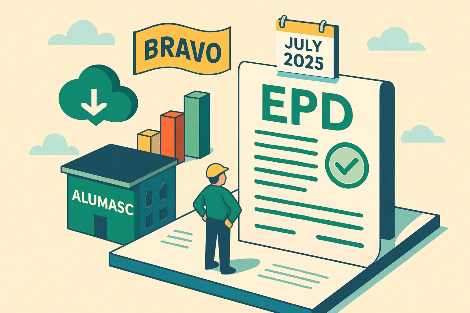 Generate an illustration for an article following this concept:
Bravo, Alumasc — first EPD on the board
Alumasc just put verified numbers behind its roofing story. In July 2025 the company published its first Environmental Product Declaration, a smart move in a category where transparent data often decides who stays specified when designs tighten and carbon goals bite. Here is what they released, where it lands against rivals, and what to do next to turn this debut into daily spec wins.
Ensure that you use no text, as this illustration will be used on international translations of the article..
Use an illustrative style (e.g. isometic) and don't generate in a photorealistic style.