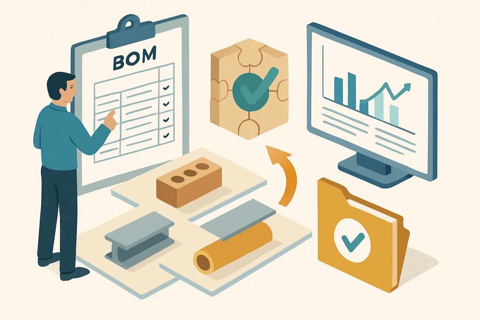 Generate an illustration for an article following this concept:
BOM-first thinking for PCR‑compliant EPD speed
When EPD timelines stretch, the bottleneck is rarely electricity bills or truck miles. It is the bill of materials. Without a complete, structured BOM, modelers cannot map materials to datasets, cannot hit PCR rules cleanly, and cannot defend assumptions to a verifier. Get the BOM right early and everything else clicks into place.
Ensure that you use no text, as this illustration will be used on international translations of the article..
Use an illustrative style (e.g. isometic) and don't generate in a photorealistic style.