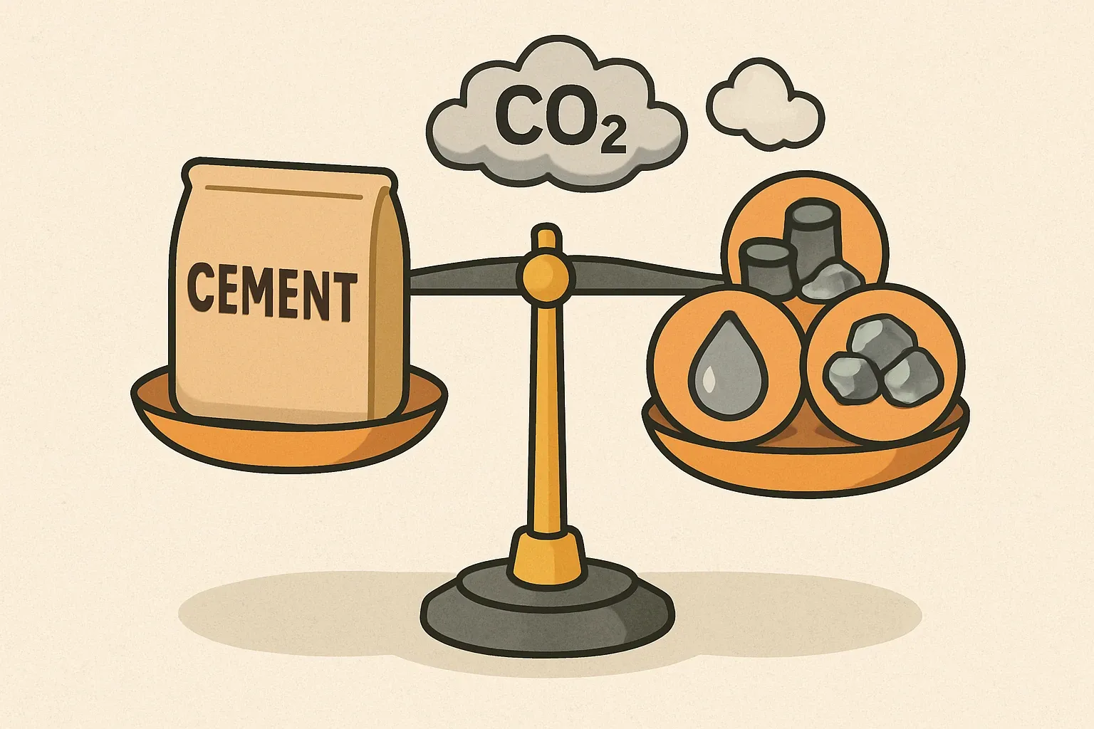 A balanced scale with a cement bag on one side and a cluster of SCM icons on the other, showing equilibrium while a small CO₂ cloud shrinks above the scale.