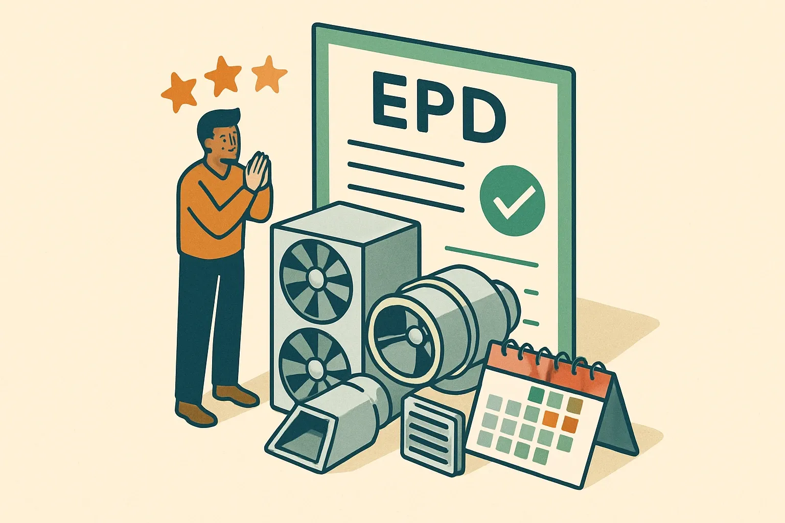 Generate an illustration for an article following this concept:
Congrats REC Indovent on your first EPDs
REC Indovent just put verified numbers behind everyday ventilation parts that live on real schedules. If your bids hinge on product‑specific EPDs instead of conservative defaults, this debut changes which options are considered first.
Ensure that you use no text, as this illustration will be used on international translations of the article..
Use an illustrative style (e.g. isometic) and don't generate in a photorealistic style.