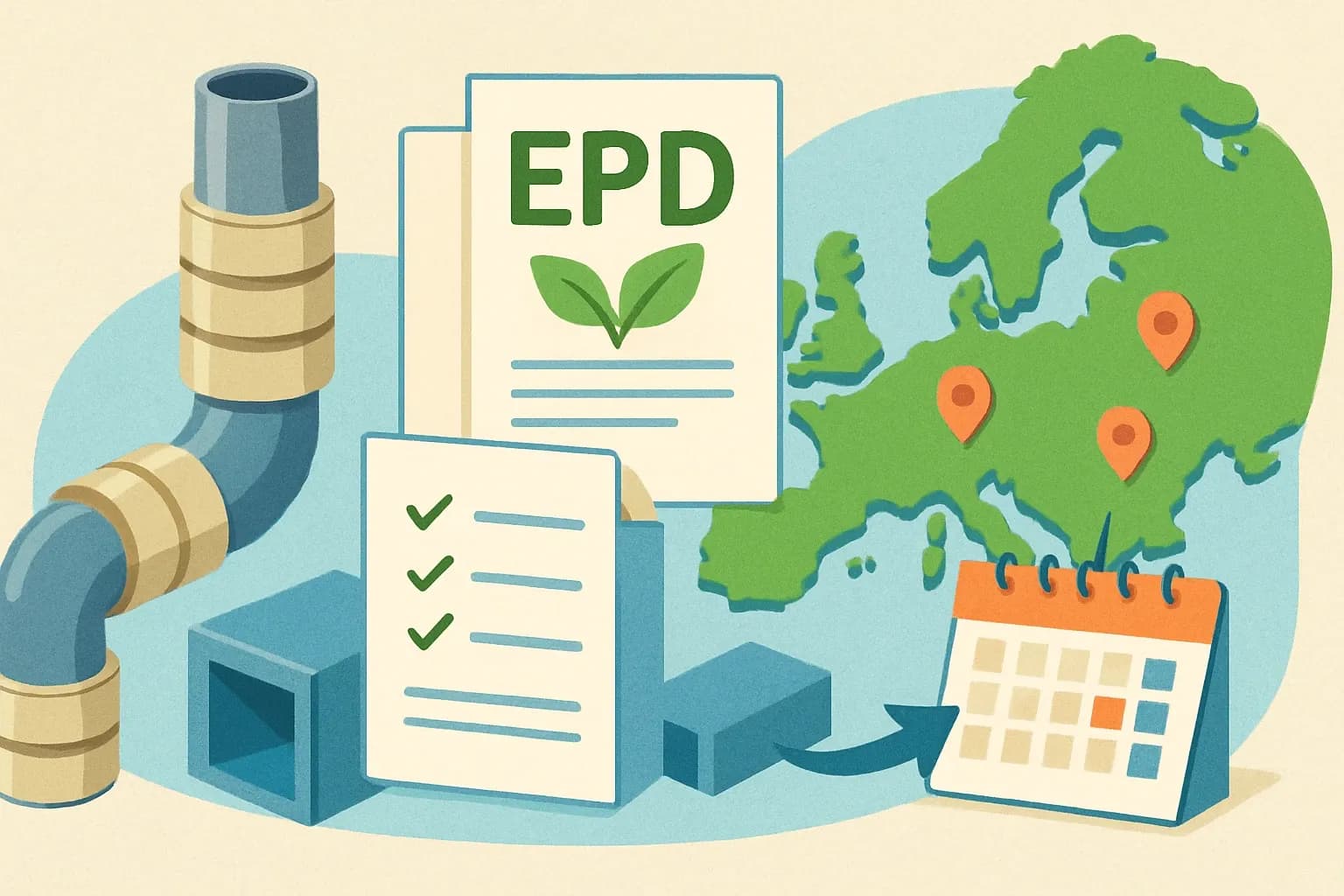 Generate an illustration for an article following this concept:
EPDs for Mechanical Insulation in Europe, the ultimate guide
Planning a new pipe, duct or technical insulation EPD in 2026? Here is the full picture for Europe, including who is publishing, which PCRs are used, and when renewals hit. We distilled five years of activity into clear moves you can make this quarter.
Ensure that you use no text, as this illustration will be used on international translations of the article..
Use an illustrative style (e.g. isometic) and don't generate in a photorealistic style.