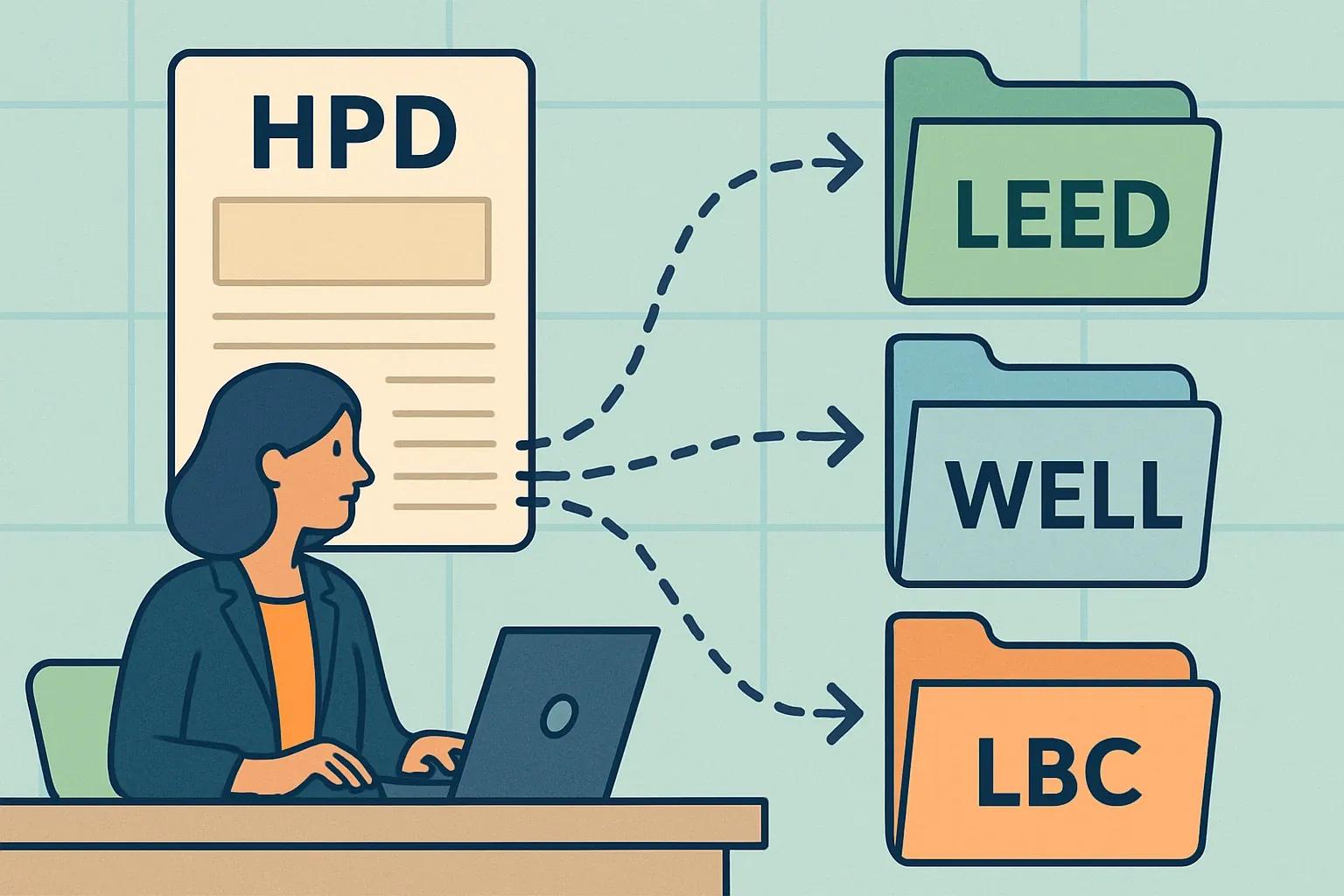 Generate an illustration for an article following this concept:
CMF Makes HPDs Flow Across LEED, WELL, and LBC
Manufacturers are tired of the duplication tax. The Common Materials Framework gives HPDs a shared structure so one accurate dataset can populate LEED v5, WELL v2, and the Living Building Challenge without retyping the same fields for every portal. Less swivel‑chair admin, faster appearance in AEC firm libraries, and fewer internal handoffs. The payoff is commercial, not theoretical. Teams spend more time moving spec opportunities forward and less time copying cells between forms.
Ensure that you use no text, as this illustration will be used on international translations of the article..
Use an illustrative style (e.g. isometic) and don't generate in a photorealistic style.