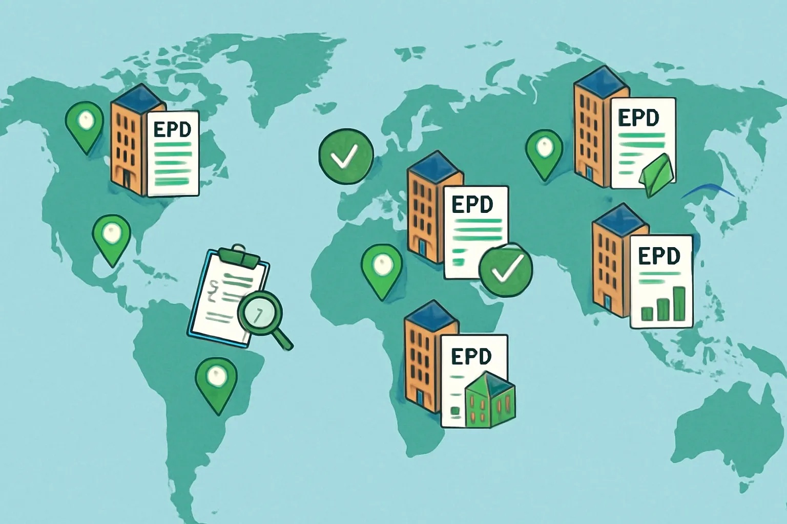 Generate an illustration for an article following this concept:
June 2026 EPD News, Region by Region
June kept EPDs on the front burner. Two things matter commercially if you make building products. First, specifiers are standardizing on verified, product‑specific data to avoid penalties in carbon accounting. Second, deadlines moved, but expectations did not. The result is a market that rewards manufacturers who collect data once, publish cleanly, and keep declarations current. Here is the concise regional run‑through so sales teams can spot where EPDs will unblock submittals and shave time off bid cycles.
Ensure that you use no text, as this illustration will be used on international translations of the article..
Use an illustrative style (e.g. isometic) and don't generate in a photorealistic style.