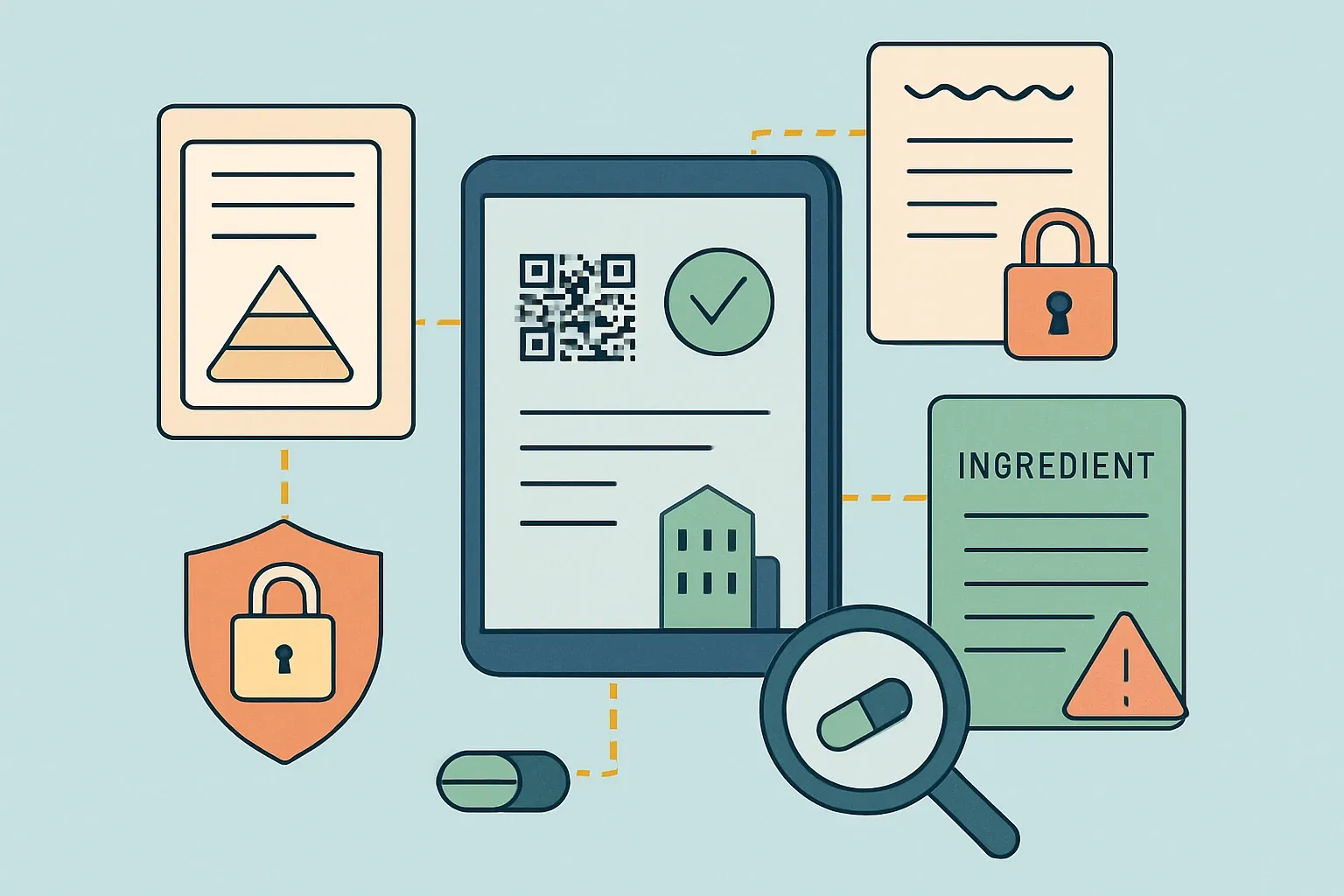 Generate an illustration for an article following this concept:
Digital Product Passports and ingredient data, done right
Digital Product Passports will force building‑product makers to replace high‑level material blurbs with structured facts on ingredients, substances of concern, and environmental performance. Suppliers often guard formulations, which leaves product teams flying blind on risk and slows EPD work. Here is the practical playbook to collect sensitive data at speed, protect IP, and publish only what customers need while the rest stays confidential.
Ensure that you use no text, as this illustration will be used on international translations of the article..
Use an illustrative style (e.g. isometic) and don't generate in a photorealistic style.