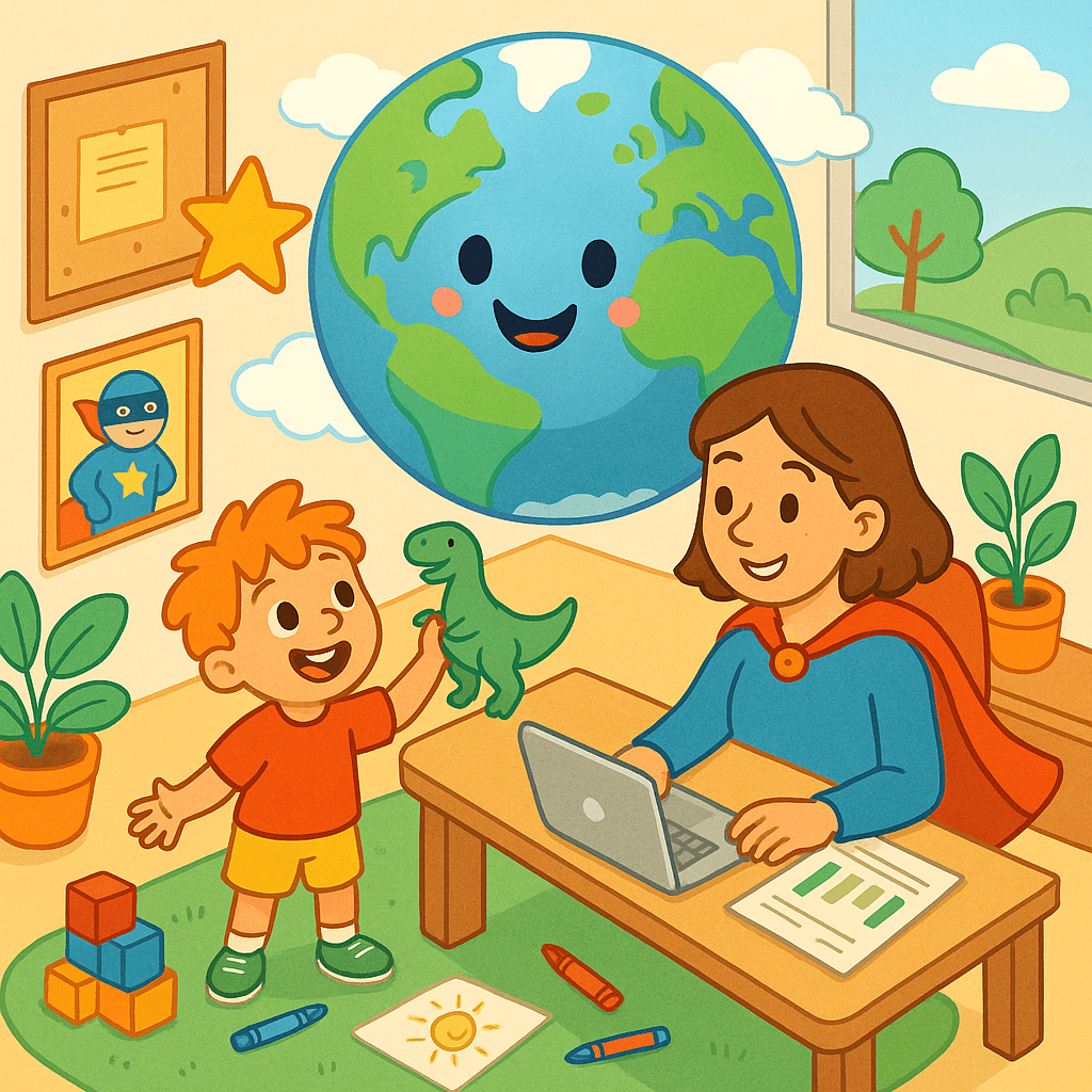 A cheerful illustration shows a child playing with a toy dinosaur while a parent in a superhero cape works at a desk, with a smiling Earth floating above them in a bright, playful room.