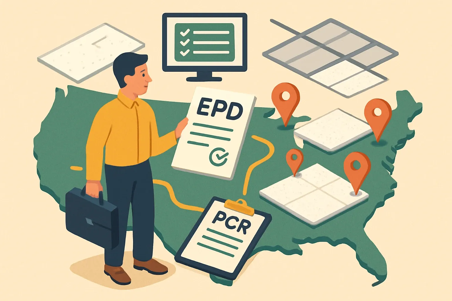 Generate an illustration for an article following this concept:
Ceiling Panel EPDs in the United States: data guide
Planning a ceiling tile or suspended ceiling launch in 2026 and wondering where you stand? This data-backed guide unpacks who is publishing Environmental Product Declarations for ceiling panels in the United States, which program operators they use, and which PCRs dominate. If you make acoustical ceilings, drop ceilings, or ceiling tiles, this is your map to the competitive terrain right now.
Ensure that you use no text, as this illustration will be used on international translations of the article..
Use an illustrative style (e.g. isometic) and don't generate in a photorealistic style.