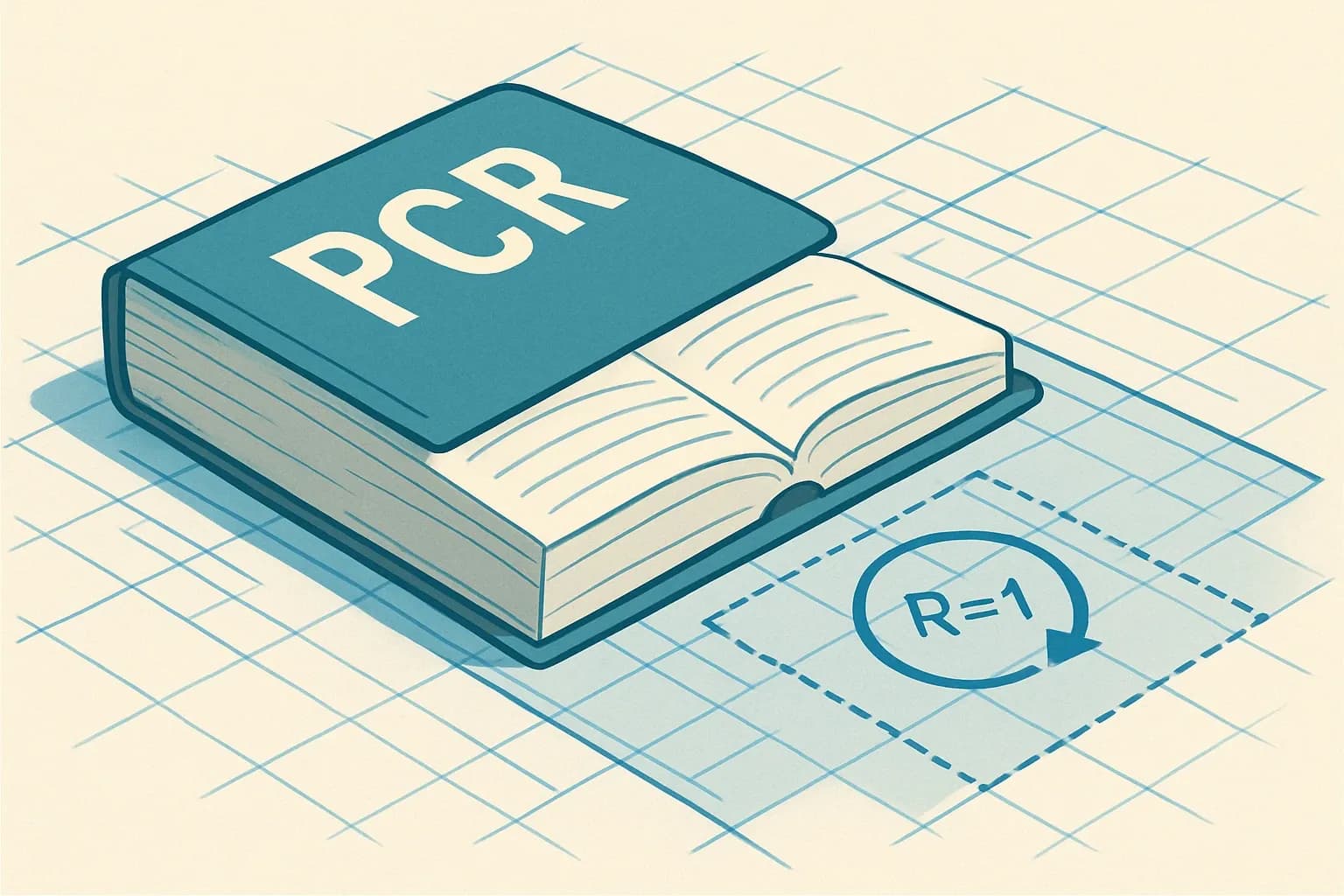 A clean visual of a thick open rulebook labeled PCR sitting on a construction blueprint with a square meter grid and an R=1 gauge overlay to show declared unit normalization.