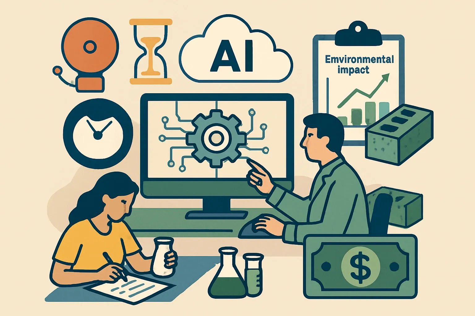 Generate an illustration for an article following this concept:
Agentic R&D for EPDs, not five year fire drills
Manufacturers are swapping five year renewal cycles for continuous, AI‑assisted “Agentic R&D.” By staging supplier and recipe changes against live EPD and HPD assumptions, teams can predict GWP and material health outcomes before any prototype, then lock the best option into formal LCA. That pace matters because green building materials are on track to reach about 1.5 trillion dollars by 2034 (Fortune Business Insights, 2026). It also cuts the silent surcharge of manual analysis that often tops 5,000 dollars per study once fully loaded engineering time is counted (BLS OOH, 2025; BLS ECEC, 2025).
Ensure that you use no text, as this illustration will be used on international translations of the article..
Use an illustrative style (e.g. isometic) and don't generate in a photorealistic style.