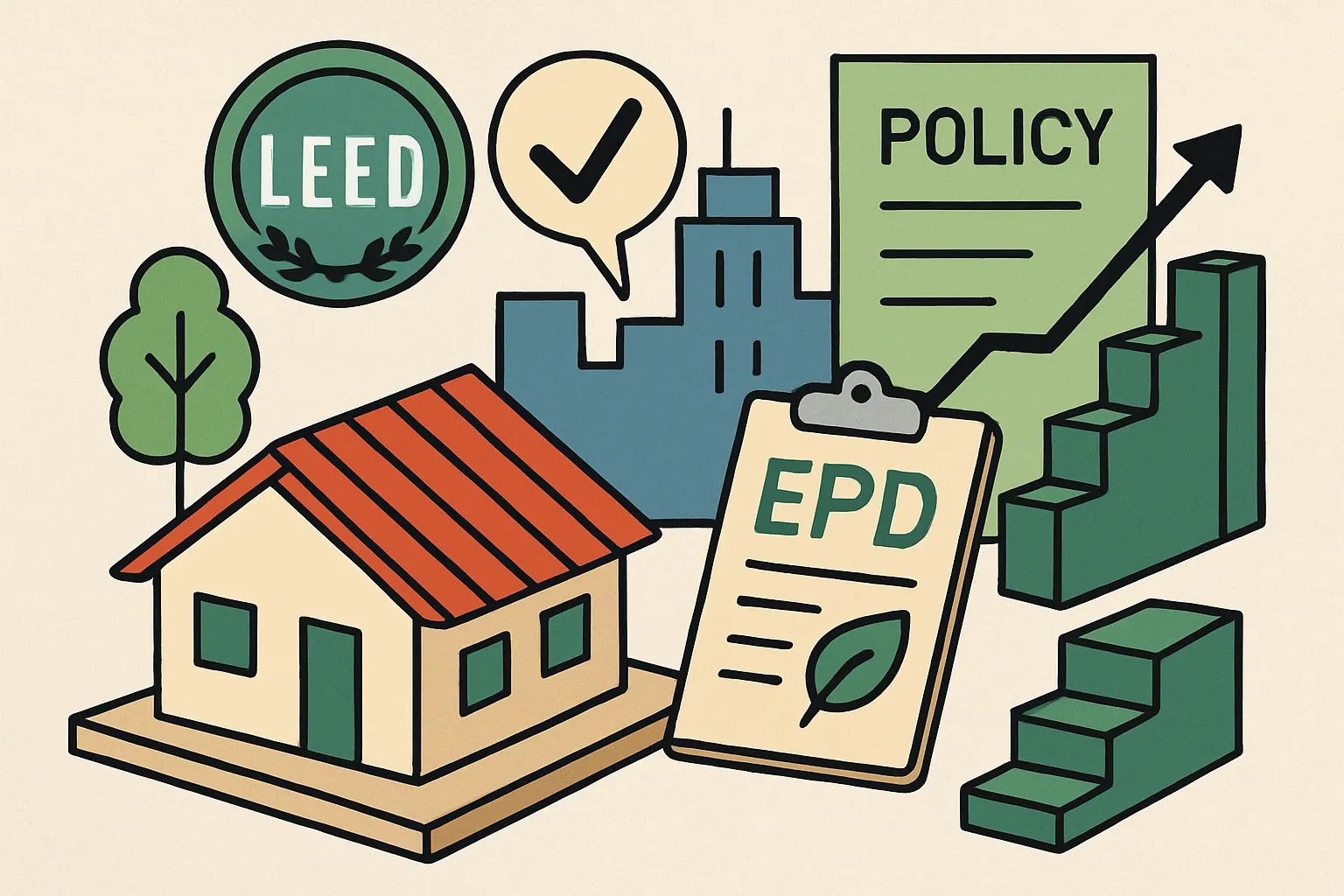 Generate an illustration for an article following this concept:
Elevate’s roofing EPD footprint, quickly explained
Specifiers increasingly ask for product‑specific EPDs before they shortlist a roof. Elevate sits in a competitive arena where every declaration widens the door to LEED‑driven and policy‑driven opportunities. Here is how their portfolio stacks up today and where adding a few more EPDs could move the needle fast.
Ensure that you use no text, as this illustration will be used on international translations of the article..
Use an illustrative style (e.g. isometic) and don't generate in a photorealistic style.
