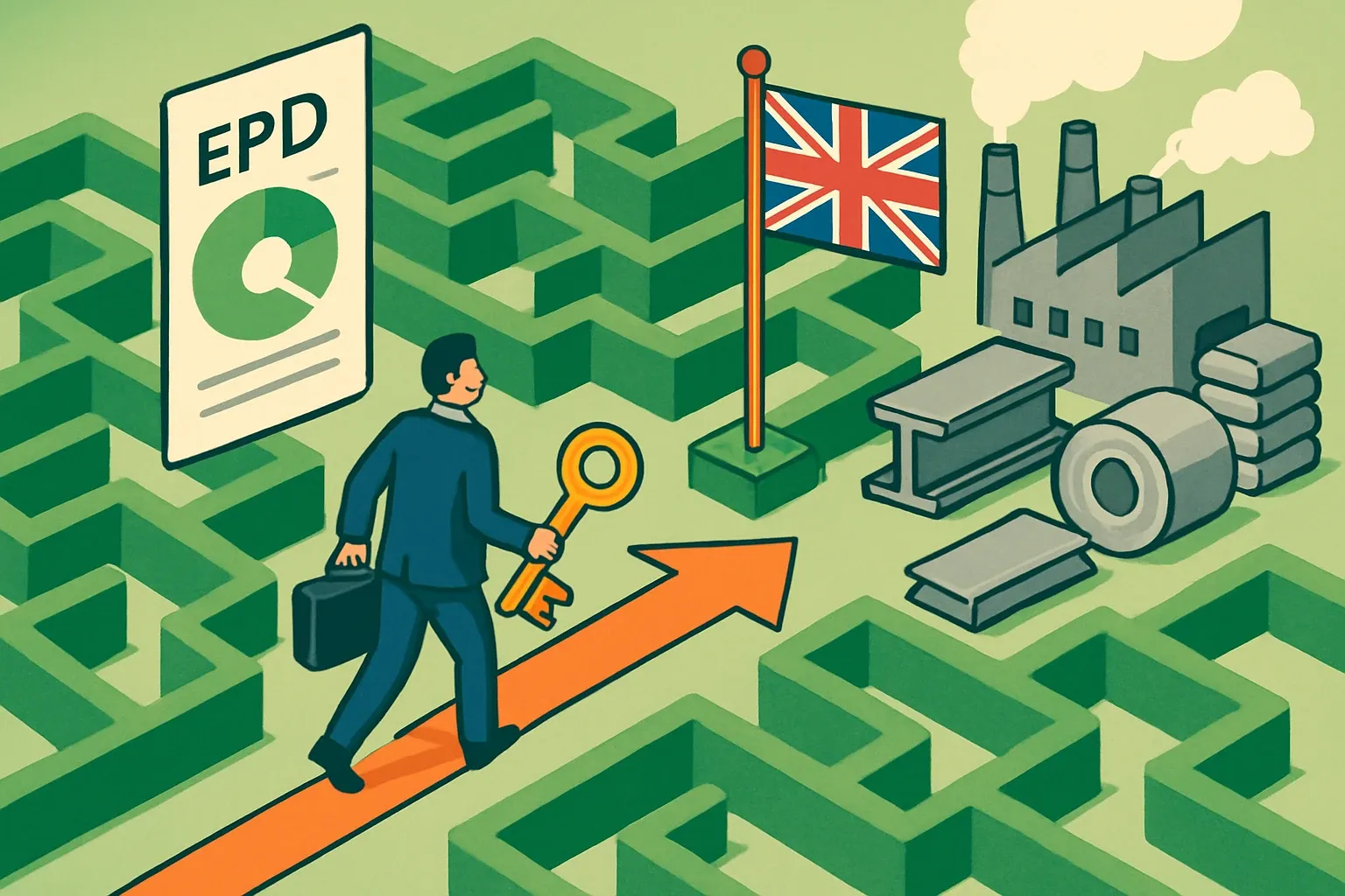 Generate an illustration for an article following this concept:
UK Embodied Carbon Rules, Decoded
Specs teams face a maze of guidance, consultations and client rules. Here’s the short list of UK‑wide policies that actually move bids, plus how product‑specific EPDs help you win on carbon without giving up margin. If you sell steel, aluminium, cement or anything that flows into those supply chains, the clock is ticking.
Ensure that you use no text, as this illustration will be used on international translations of the article..
Use an illustrative style (e.g. isometic) and don't generate in a photorealistic style.