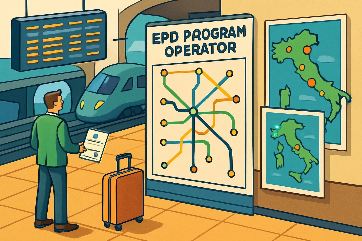 Generate an illustration for an article following this concept:
EPD Italy: Program Operator Overview
Publishing an EPD for Italy can feel like choosing a train at Roma Termini when the board keeps updating. Here’s the short map of who operates what, where Italian buyers actually look, and what has changed for public tenders. Pick right and your declaration travels farther with fewer rewrites.
Ensure that you use no text, as this illustration will be used on international translations of the article..
Use an illustrative style (e.g. isometic) and don't generate in a photorealistic style.