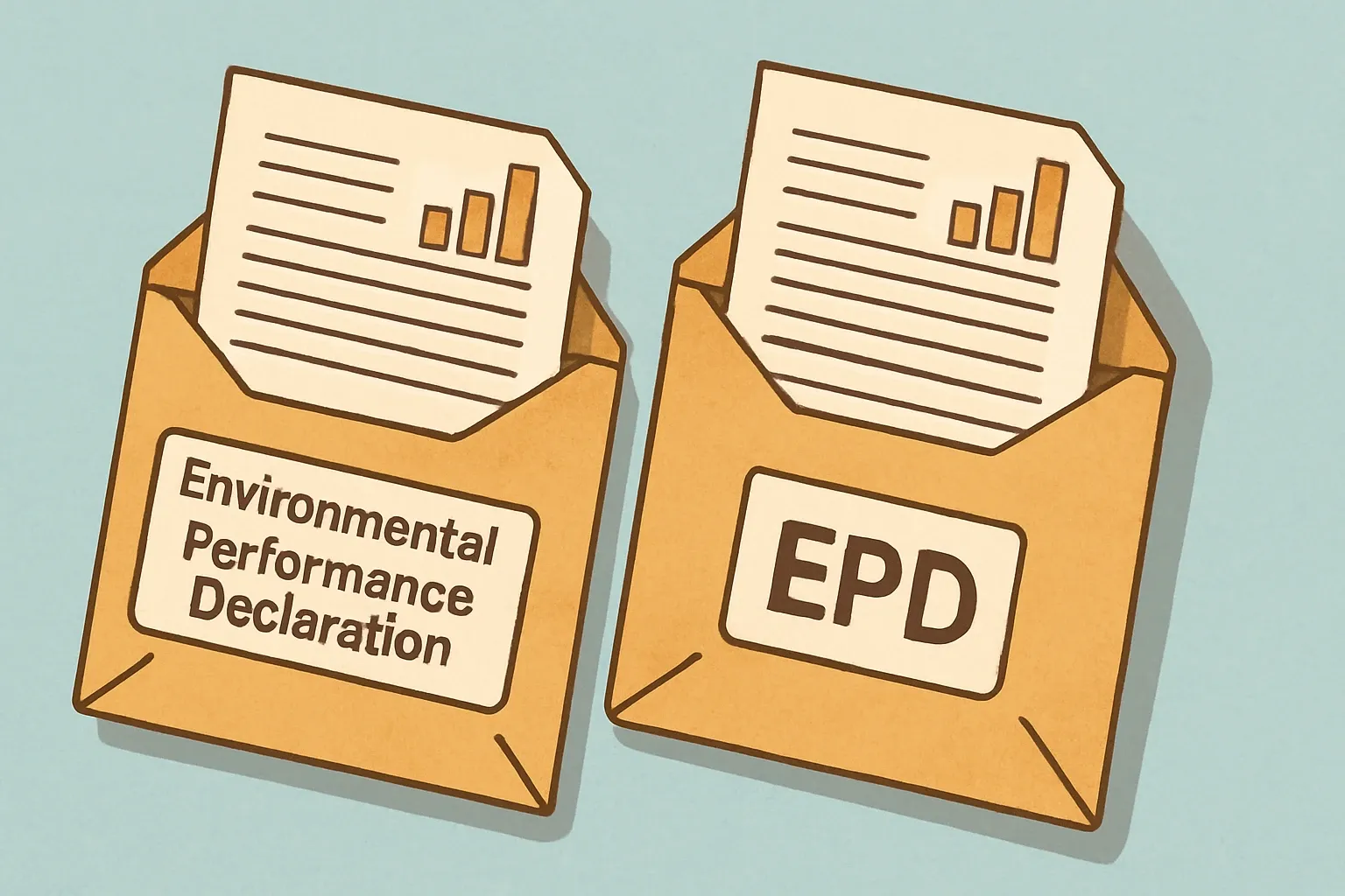 Two labeled envelopes, one reading Environmental Performance Declaration and the other EPD, both containing the same structured document to show equivalence in practice.