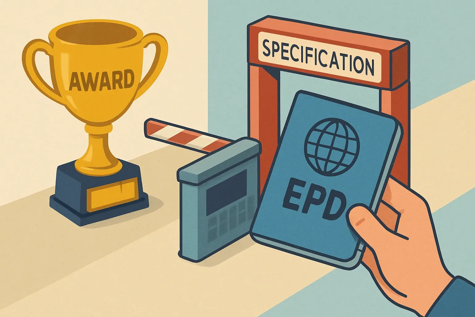 An EPD shown as a passport that grants access through a customs gate labeled "specification", contrasting with a trophy labeled "award" to reinforce that EPDs are disclosures, not wins.