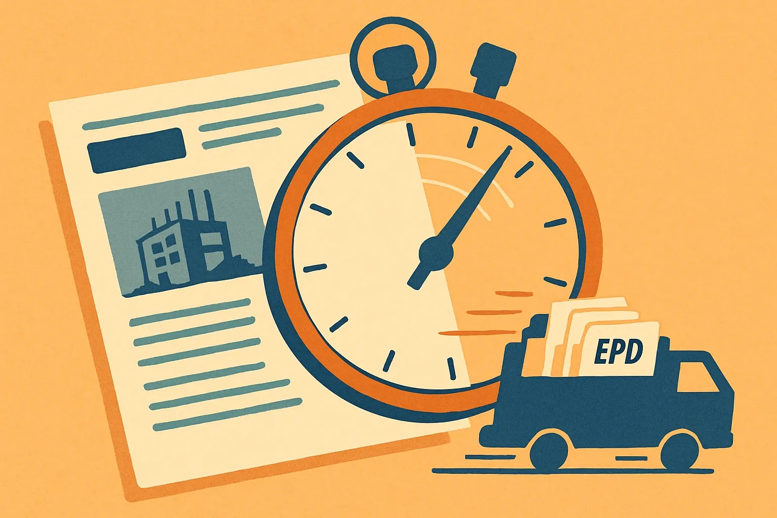 A large stopwatch overlaying a construction bid document, its hand racing against a silhouette of a delivery truck filled with EPD folders.