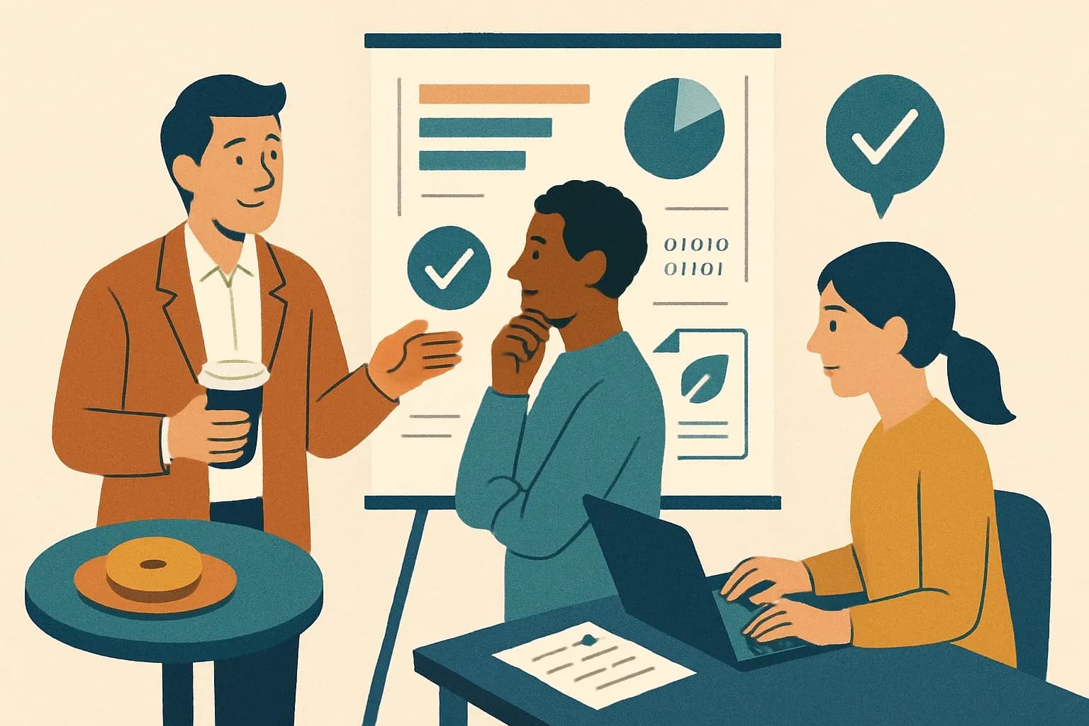 Generate an illustration for an article following this concept:
Reps Are Judged On Decision Support, Not Friendliness
Specs are won by the reps who reduce risk and speed decisions. The coffee-and-donuts era is fading. Teams want comparable options, code context, and sustainability proof that stands up in a submittal review. If your materials need EPDs or HPDs, every touchpoint should move a project forward. That shift pays off in more shortlist invites and fewer price-only showdowns.
Ensure that you use no text, as this illustration will be used on international translations of the article..
Use an illustrative style (e.g. isometic) and don't generate in a photorealistic style.